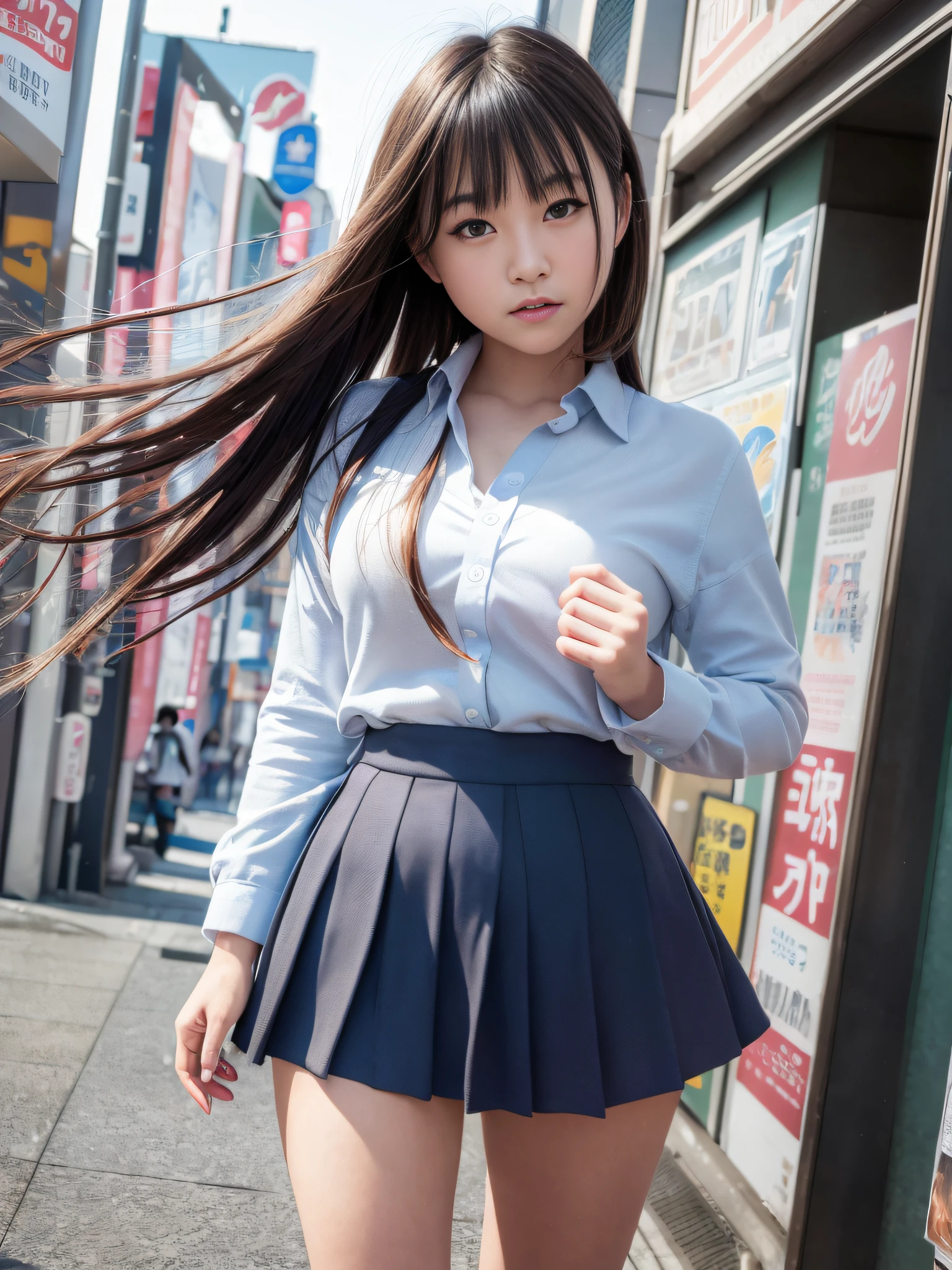 Ultra top quality, masterpiece, ultra high resolution, (photorealistic: 1.4), highly detailed CG Unity 8k wallpaper, detailed and complex, incredibly absurd, original, high resolution, raw photo, (perfect figure), fine and complex, DSLR, soft lighting, high quality, film grain, depth of field, Leica camera, 50mm lens, backlight, HDR, Hyperrealistic, Color Grade, Dynamic Pose, Portrait, Japan Person, Smile, Lips, Bangs, (Crowded Akihabara: 1.2), Short Hair, Front View Viewer, Natural Light, Girl, 19 Years Old, Full Body, Solo, Student, High School, Uniform, Bobby Socks, Pleated Skirt, Daytime, Street, Deep Shadow, Cute, Beauty, Unobtrusive, Cold Light 12000K\Street, Shop State, Akihabara, Shinjuku, Shibuya, Ikebukuro, detailed realism, skin texture, super detailed, realistic skin texture, (dramatic, award-winning photos, incredible masterpieces: 1.3)