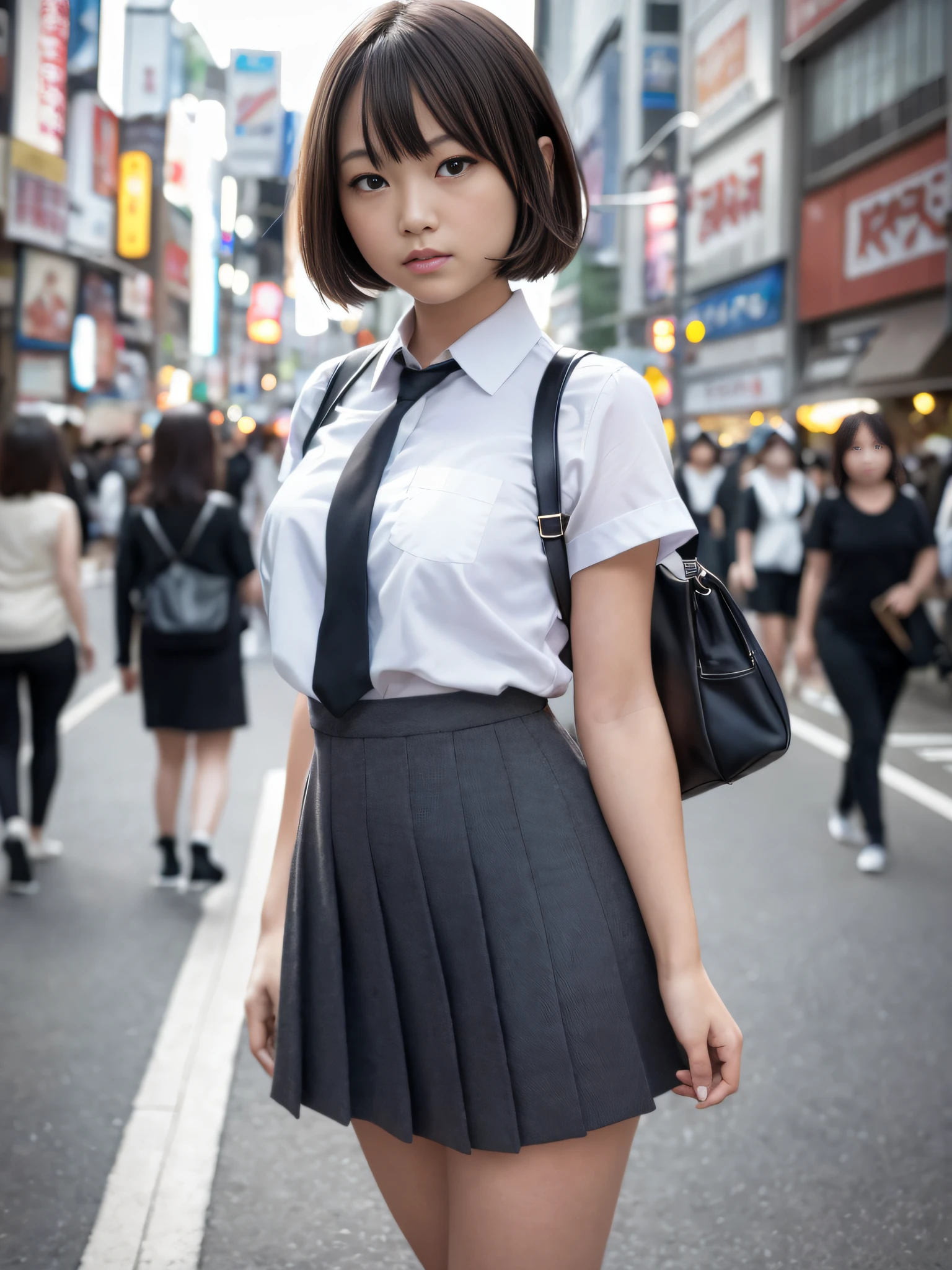 Ultra top quality, masterpiece, ultra high resolution, (photorealistic: 1.4), highly detailed CG Unity 8k wallpaper, detailed and complex, incredibly absurd, original, high resolution, raw photo, (perfect figure), fine and complex, DSLR, soft lighting, high quality, film grain, depth of field, Leica camera, 50mm lens, backlight, HDR, Hyperrealistic, Color Grade, Dynamic Pose, Portrait, Japan Person, Smile, Lips, Bangs, (Crowded Akihabara: 1.2), Short Hair, Front View Viewer, Natural Light, Girl, 19 Years Old, Full Body, Solo, Student, High School, Uniform, Bobby Socks, Pleated Skirt, Daytime, Street, Deep Shadow, Cute, Beauty, Unobtrusive, Cold Light 12000K\Street, Shop State, Akihabara, Shinjuku, Shibuya, Ikebukuro, detailed realism, skin texture, super detailed, realistic skin texture, (dramatic, award-winning photos, incredible masterpieces: 1.3)