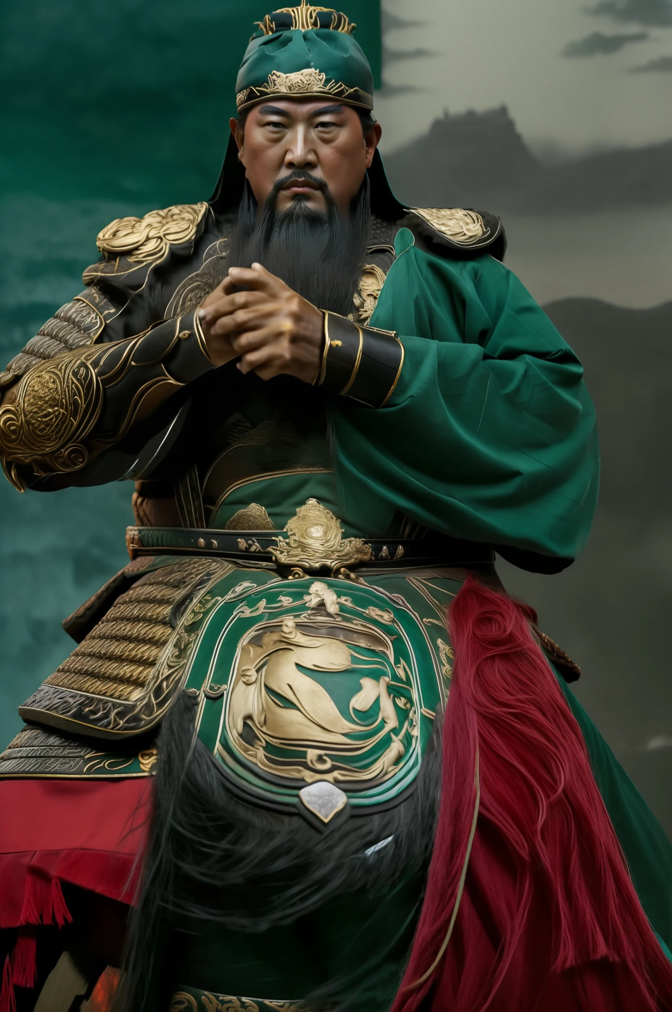 The whole body, including the crown of the head, is in the picture, (green clothes, fearless and intelligent face, (colored skin), (waist-length heavy black beard): 1.2), (clothes of the Three Kingdoms period: 1.2), long pants, (insanely detailed, bloom: 1.5), (best quality, photo, 4K), (photo: 1.2), (high sharpness), (detailed pupil: 1.1), (photo: 1.1), detailed face and eyes, Masterpiece, Top Quality, (High Definition Photo:1.1), 8k, Photorealistic, (Black Hair Color), (pureerosface_v1:0.2), [:( Face:1.2):0.2], Sharp, Realistic, Real Shadow, (Chinese Castle Background:1.2), Guan Yu is stroking his beard with the fingers of his right hand.