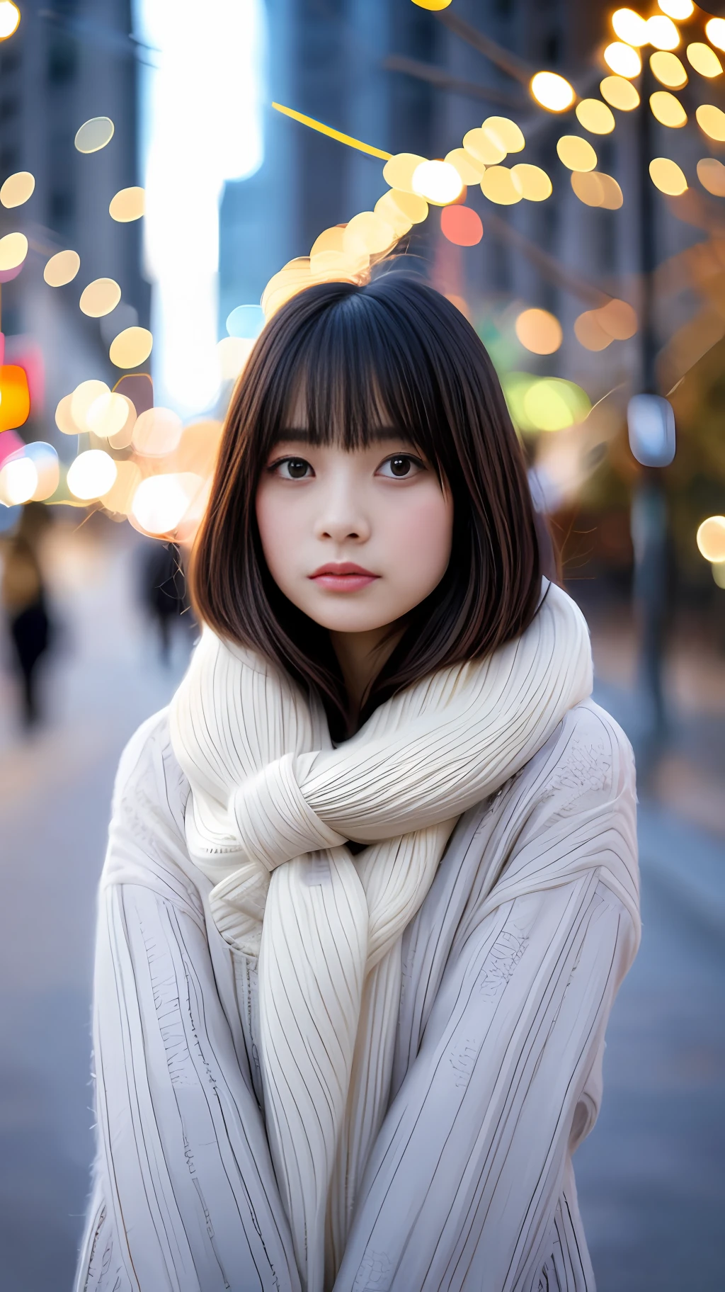 Stunning close-up portrait of a young and beautiful woman with RAW, analog style and impressive features. She should have long, flowing hair, a seductive gaze, and an attractive look. The background is neutral and simple, allowing the woman to be the focal point of the image. Pay attention to details, such as highlights and shadows on her face and hair, to create realistic and realistic images. Experiment with different lighting techniques to enhance the mood and atmosphere of your portrait. The final product should be a masterpiece that captures the essence and beauty of a woman ((very detailed skin, skin details)), Sharp Focus, Volumetric Fog, 8K, UHD, DSLR, High Quality, Film Grain, Fujifilm XT3, Long Sleeve Dress, Wool Dress, Dark Blue Floret Dress, Wearing a Woolen Coat, Short-Cut Hair, Tousled Hair, wind, antique street corner, north wind, dead leaves, fallen leaves, fallen leaves fluttering in the wind, cold, cold, street corner crowded with Christmas decorations, girl looking lonely alone, lights, orange city lights, warm lights, Christmas lights, blurred lights, sad expression, tears in the eyes, a ray of tears, snow scattering, Tokyo Tower