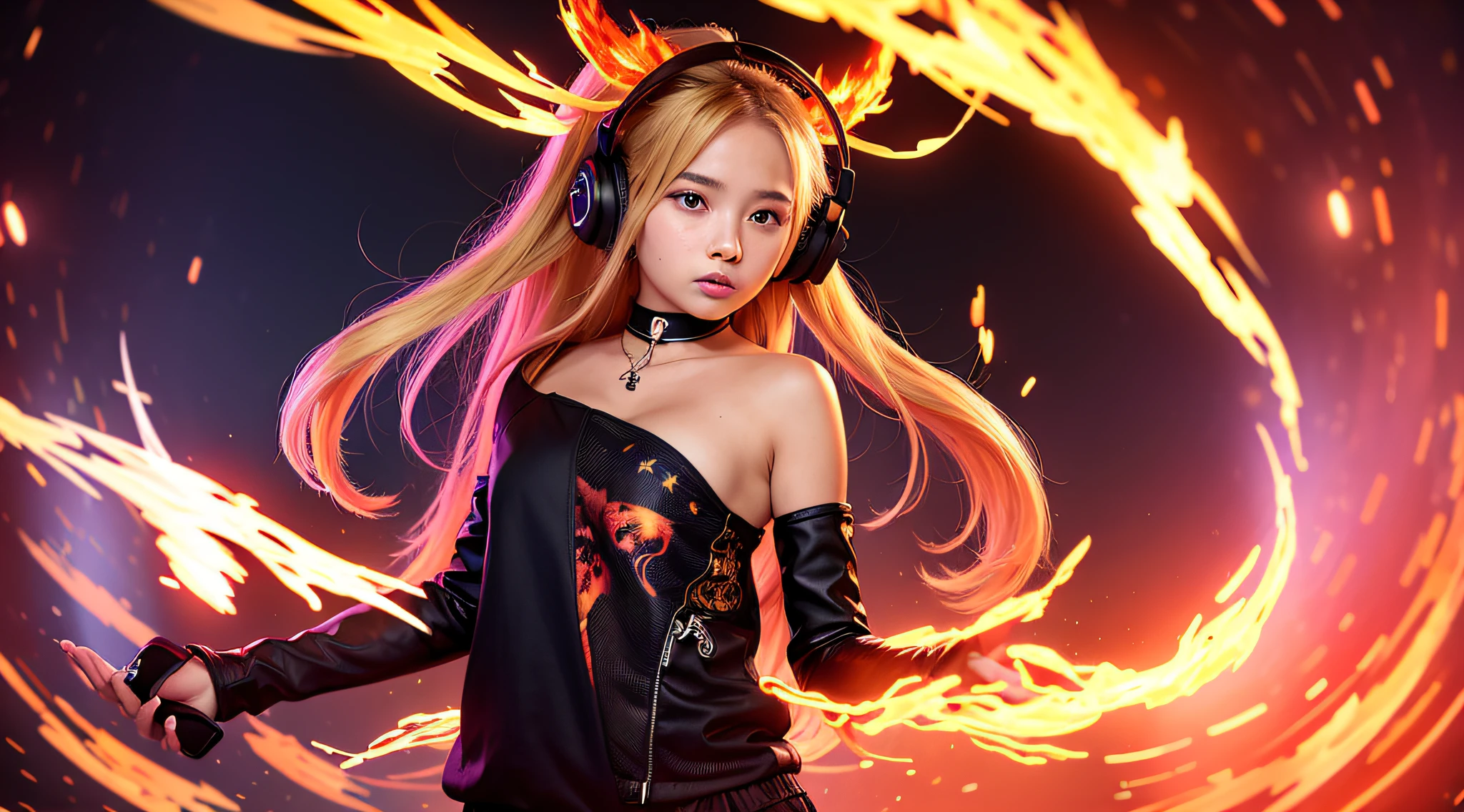 there is a 14 YEAR OLD GIRL in black top and headphones, LONG BLONDE HAIR, PORTRAIT STYLE, portrait photo, background art, wearing tumultuous flames, flames surround her, her body made of flames, on fire, on fire, goddess of hot fire, girl wearing headphones, burning in hell, flames around body, Her hair is on fire, intense steaming, burning atmosphere, engulfed in swirling flames