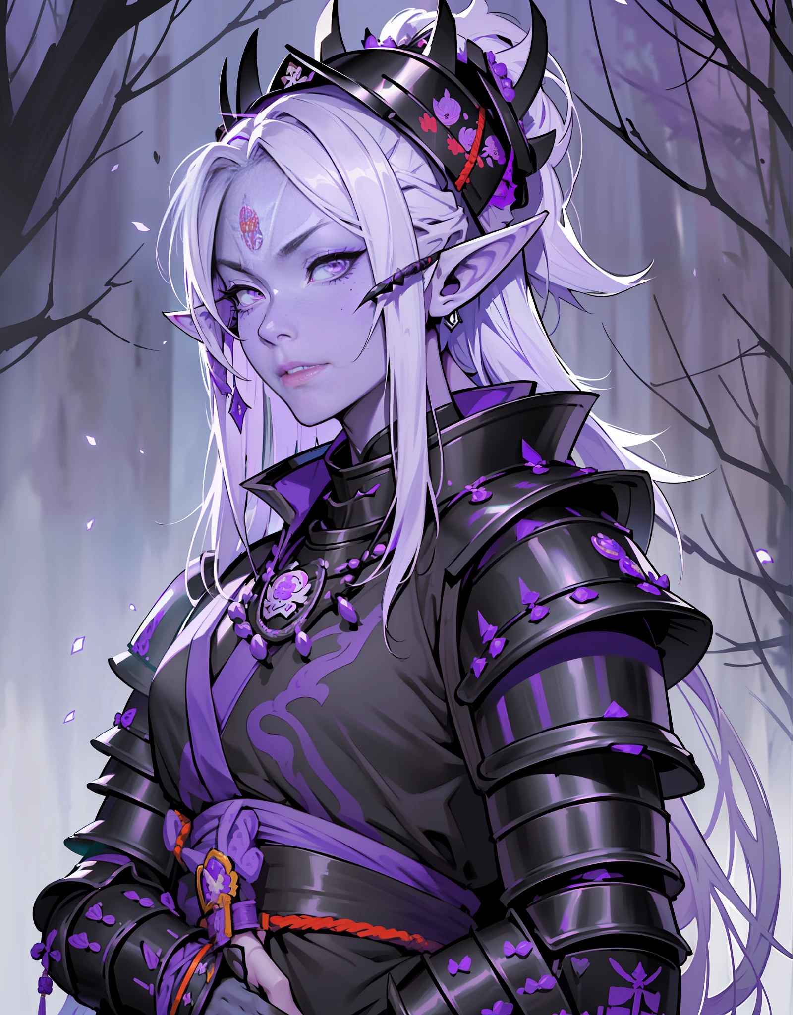 (extremely detailed 8k wallpaper:1.2), (best quality:1.2), (adventure and fantasy theme), profile (Dungeons & Dragons RPG character), ((((black elf race woman)))), (((drow))), (((asiatica))), young, beautiful, sexy, sharp focus, (subsurface scattering:1.1), award-winning photograph, ((Antipaladine Class:1.3)), ((half-body shot:1.1)), centered face, very long white hair, freckles on the face, white skin, pale skin,  oriental painting of geisha on face, bright lilac eyes:1.2, malicious expression, villainous, evil, (((((black and purple samurai armor))))), holding samurai sword in hand, sword with black energy, (standing inside black forest:1.3), (very detailed background:1.2), dramatic lighting, sfw