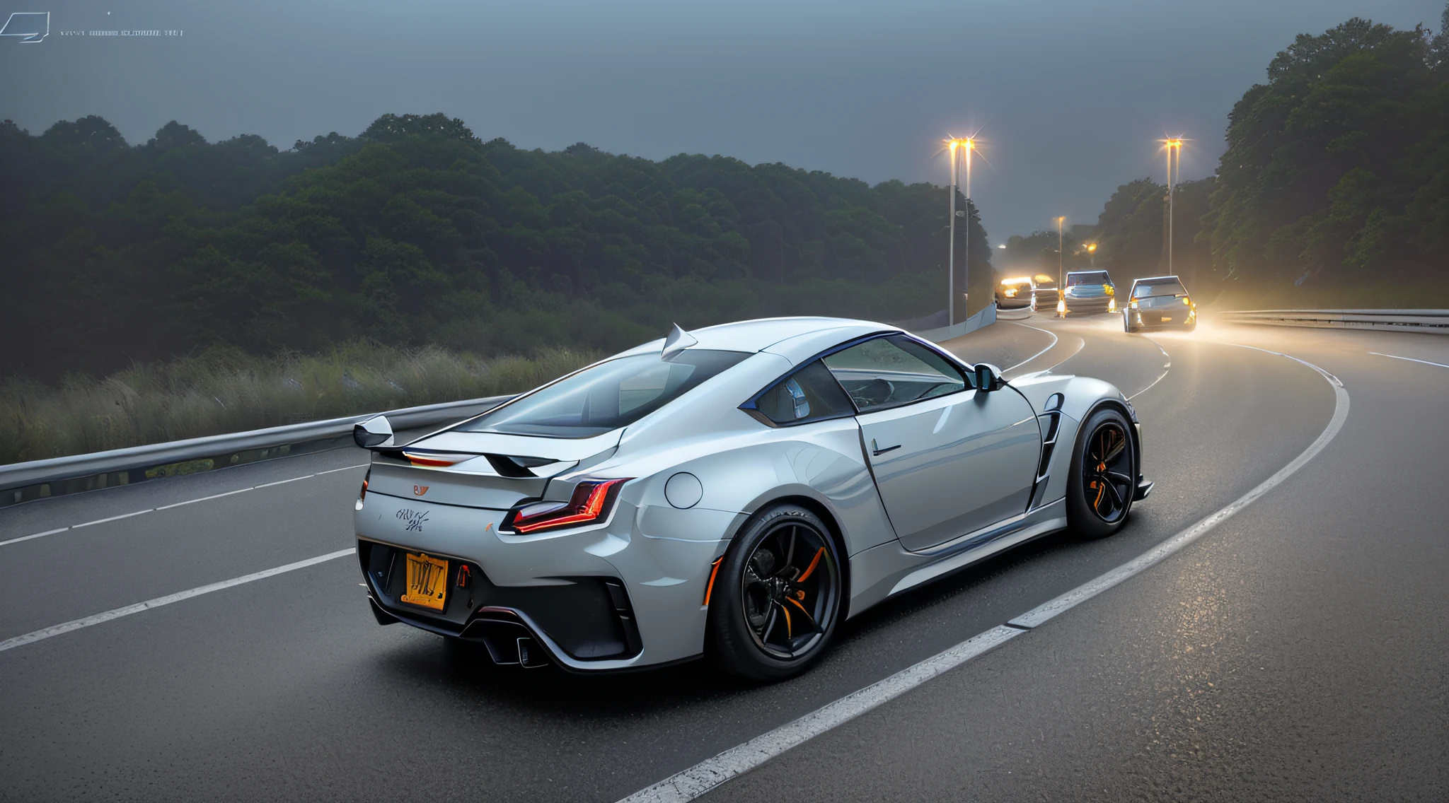 ((Best Quality, 32k, Masterpiece 32k Resolution, Realistic Detail, High Detail, Concept Type, Metallic Black Color, 16-inch Wheels, Senimatic Lighting, 32K Image Quality, ((Best Quality)), ((Masterpiece)), (High Definition: 3.8), 3D, HDR (High Dynamic Range), NVIDIA RTX, Super Resolution, Unreal 5, PBR Texturing, Post-processing, anisotropic filtering, depth of field, maximum intelligibility, ultra-sharpness, albedo and specular maps, accurate simulation of light-material interactions, octane rendering, two-tone lighting, low ISO, white balance, rule of thirds, wide aperture, 32K RAW, realistic, photorealistic: 1.37, ultra detail, car focus, Backlight, precise lens flare, (4) photos, cyber precision fusion of GTR35 and Fairlady Z, front light is three-stage round and beam light on, paint is of the highest quality, tires are tarmac slick tires, midnight, bay, city center, driving, front skirt is sharp and small design, air intake is precise, overall futuristic design like Gundam, Street lights shine, exposure time-lapse, glazed paint, back skirt is integrated and large left and right even cyber design, lights are installed on the rear wing, moonlight, clear sky late night, smoke from tires, wind expression, tire slip smoke screen can be seen, light color is blue and normal, overall shooting, precise car body structure, realistic photos, photo quality, muffler is silver and custom-made cyber design, Gull wing structure modification, muffler to exhaust note, front air intake is small with precise design, LED light on the front panel, camera F number is circular blur, perspective, a large number of screws on the front, elaborate rear wing, during steering, tire slip traces on the road surface,