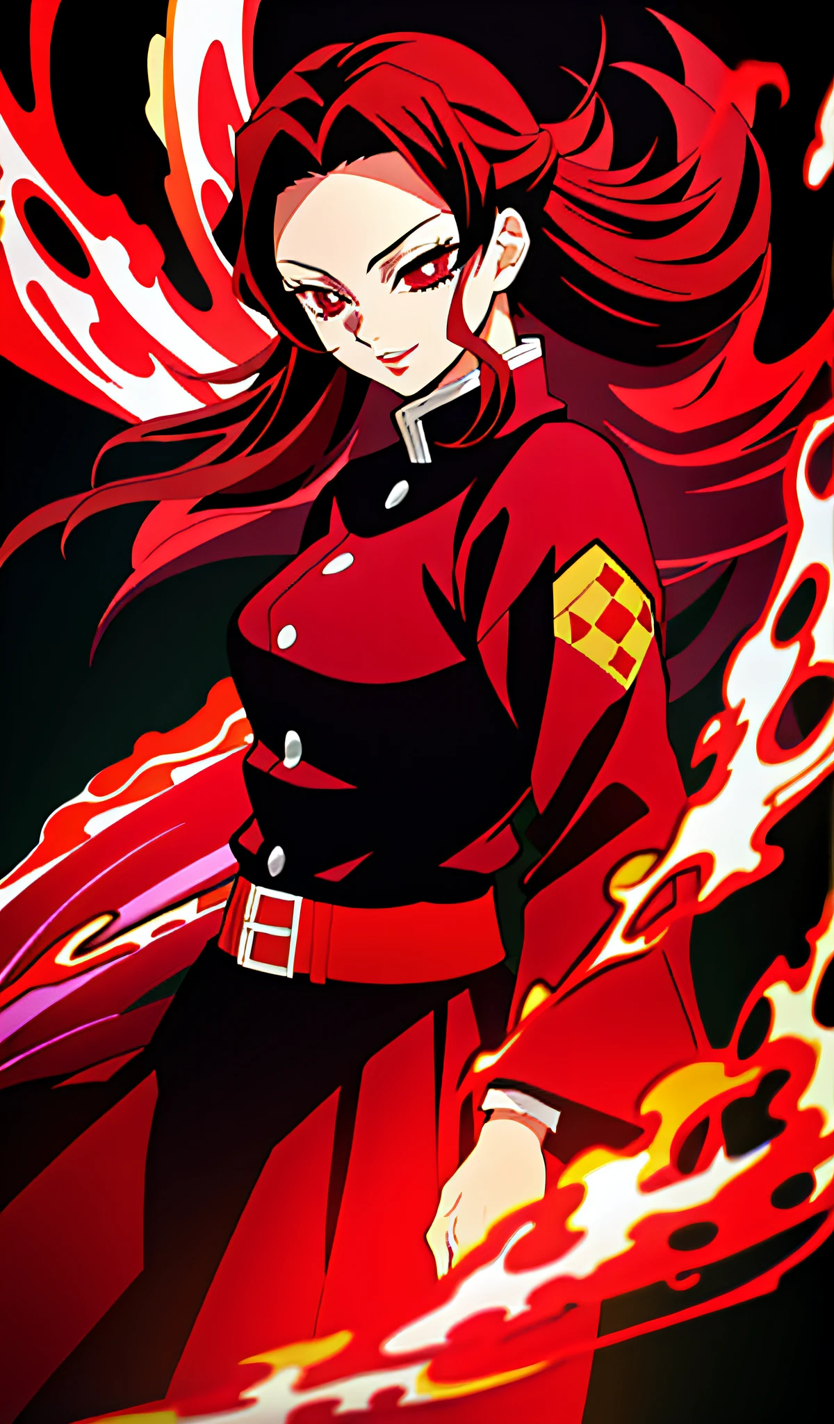 Kimetsu no Yaiba style Flame Hashira, a woman in a red and black Demon Slayer Uniform surrounded by fire, red hair, red eyes, anime illustration, high detail, high contrast, dark colors