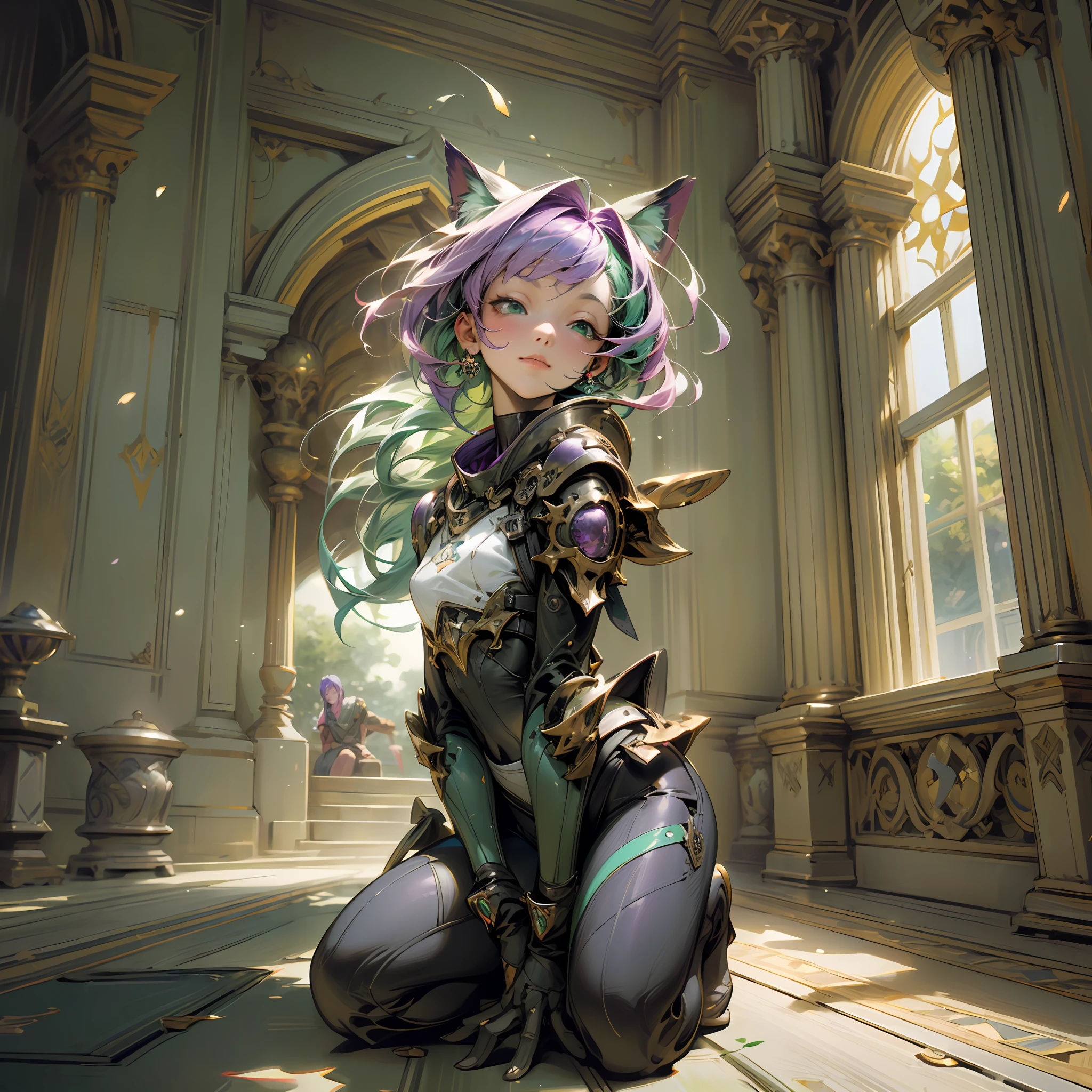 (final fantasy art), (masterpiece: 1.5), art station, ultra realistic CG, vivid colors, , ((green and purple hair in the wind)), space suit, cosmic space background, kneeling praying, palms joined in front of face, reflective lights, ray tracing, inside a temple, ultra detailed symbols on the walls, plants climbing the walls, a walking cat, stained glass, caravaggio lights, caravaggio shadows, bright and realistic skin, (eye focus), HDR, 4k cinema, ((detailed hand)) --auto --s2