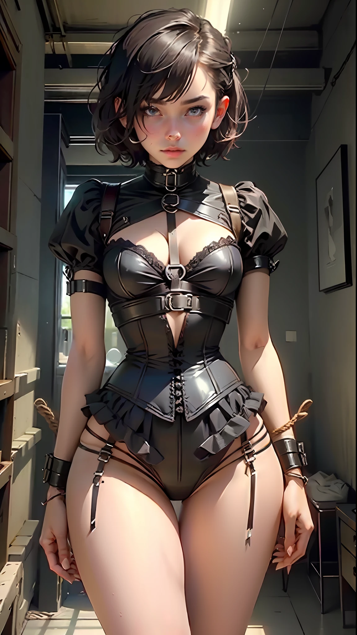 (Best Quality, Masterpiece: 1.1), (Fidelity: 1.4), 1 Girl, Upper Body, Very Short Hair, Studio, BDSM, slave, Black Corset, Bondage, Slave Collar, Slave, Panties, Woman Tied With Rope, Blindfold, Handcuffs, Bondage, BDSM, Bound