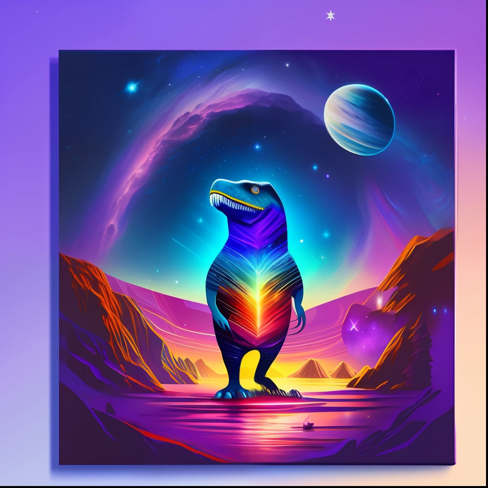 A circular digital painting depicting a T-Rex with sunglasses and a hat, in a stunning and imaginative setting. The background is filled with a starry universe and colorful galaxies, while the T-Rex stands out as a majestic central figure. The combination of elements from outer space with the imposing presence of the T-Rex creates an image that evokes a sense of wonder and adventure. [Tags: digital painting , starry universe , galaxies , majestic , wonder ]