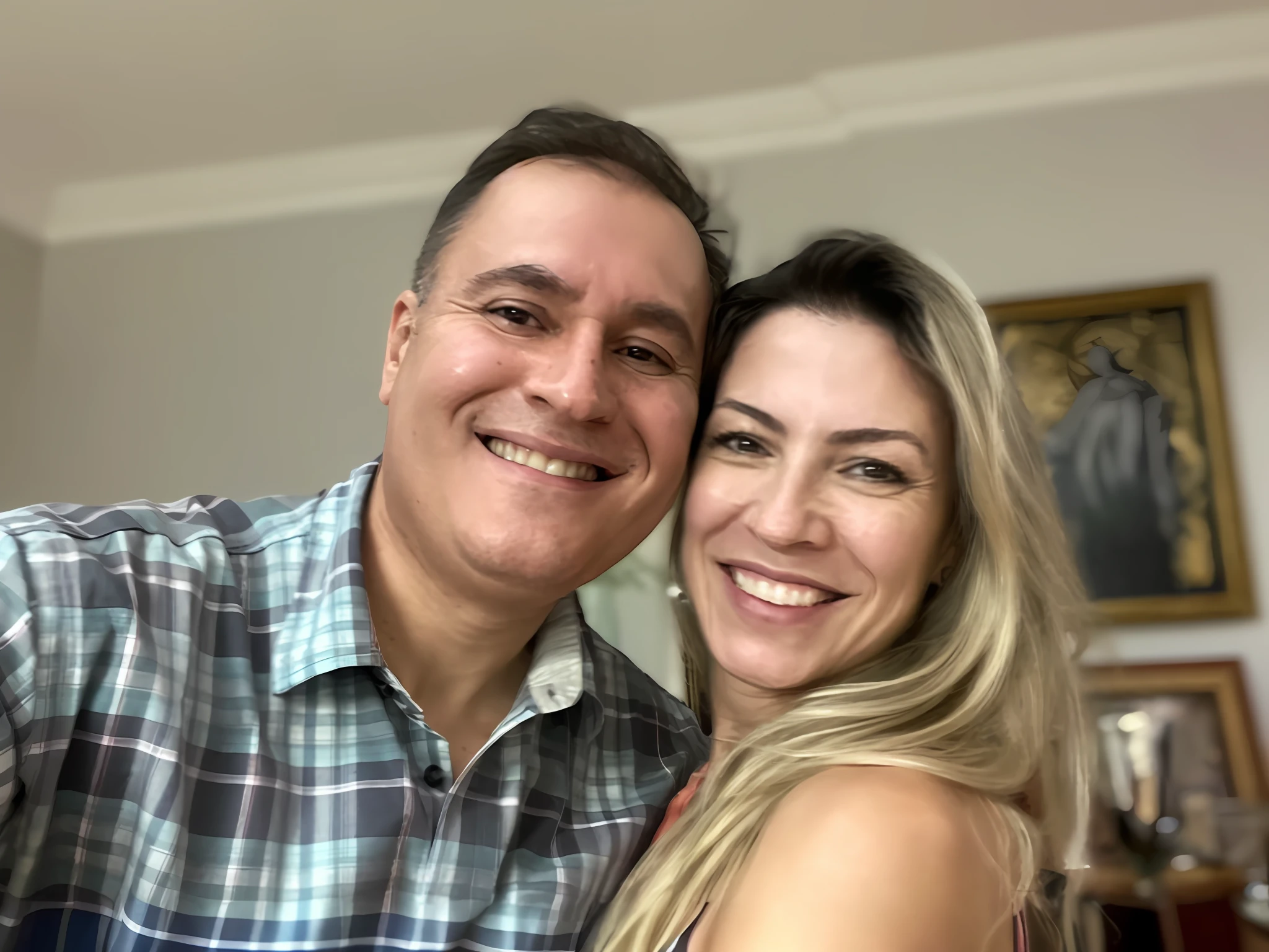 Smiling couple taking selfie in the living room with photo on the wall, by Nándor Katona, profile picture, david rios ferreira, by Felipe Seade, andrea rocha, by Luis Miranda, happy couple, by Willian Murai, gui guimarães, carmelo blandino, couple, in são paulo, fernanda suarez, by Daniel Lieske couple with 70 years of age
