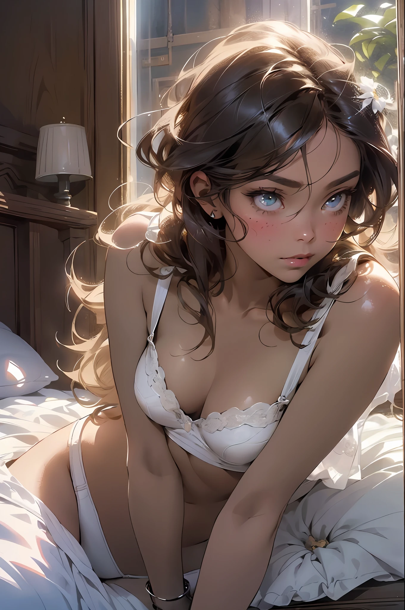 melancholy lighting, quiet, calm, brightness, masterpiece, best quality, 1girl, (JinxLol:1.2), (ultra photorealistic:1.3), (masterpiece:1.4), best quality, ((realistic)), high quality, ultra detailed, ((real image)), ((realistic skin)), ((realistic face)),(illustration:1.05), (beautiful:1.05), (beautiful detailed eyes:1.05), (cinematic light:1.1), full body, precise proportions, 18-year-old girl, skinny model lying next to the bed, hair fluttering in the wind, tulle, long legs, feet slightly open, buttocks, blush, shyness, collarbone, abdominals, double weave, beautiful and delicate face, fair skin, real skin, (face detail), pores, super high resolution, 8k, parameters Best quality, masterpiece, super high resolution, (Realistic 2.0), More details, detailed skin, white panties, straight brown hair, perfect and well designed eyes, girlfriend, beautiful, beautiful, flowers, studio lighting