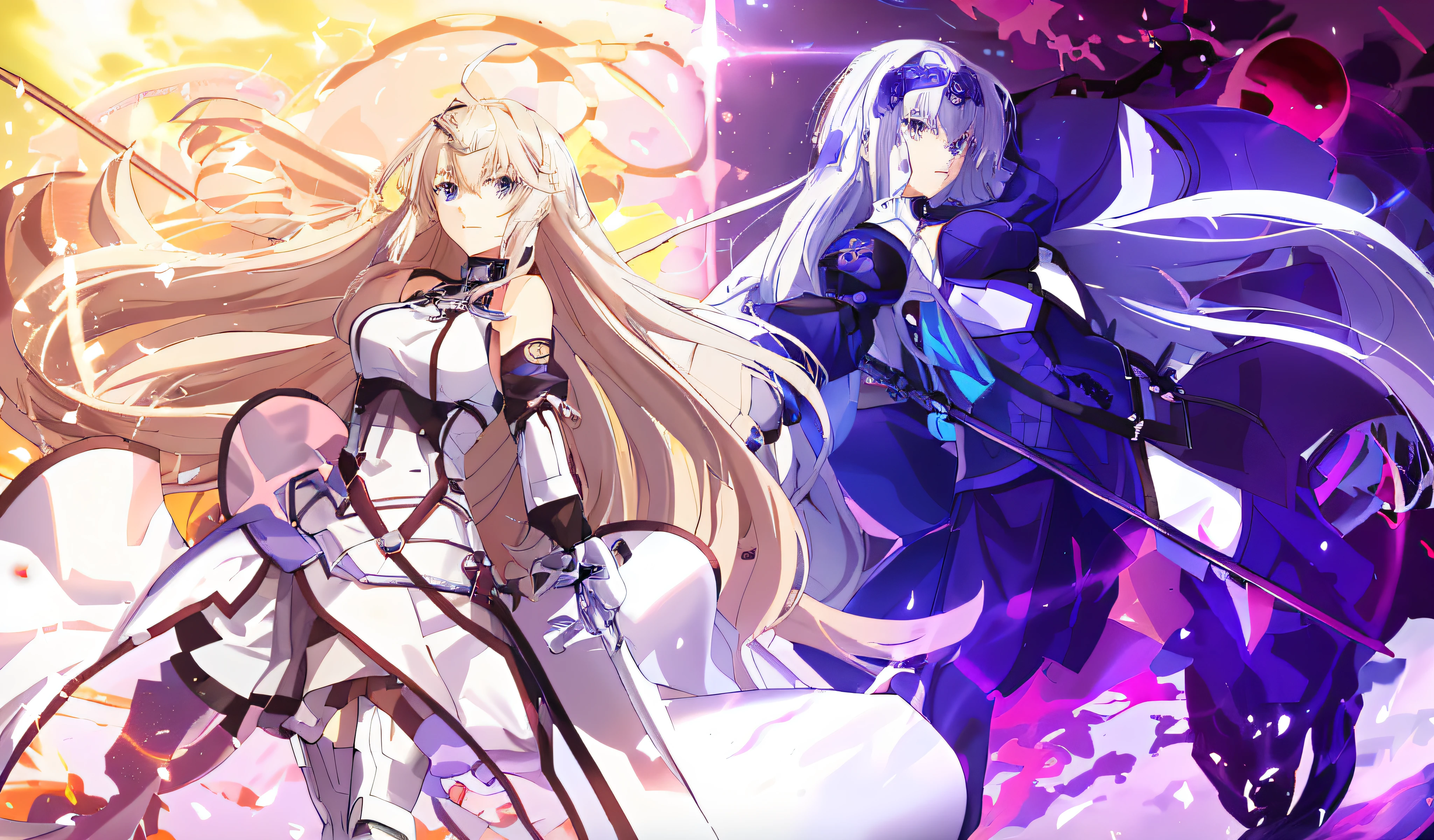 (Anime style, from Ark Night + from Azure Alley + Fate / Stay Night + Destiny Big Order + Zero Sauce Art + Destiny Stay Night + UFO Art Style), (Long Hair + Long White Hair: 1.2), (1girl), (HD Artwork + Anime 4K: 1.2), purple background, best art effect