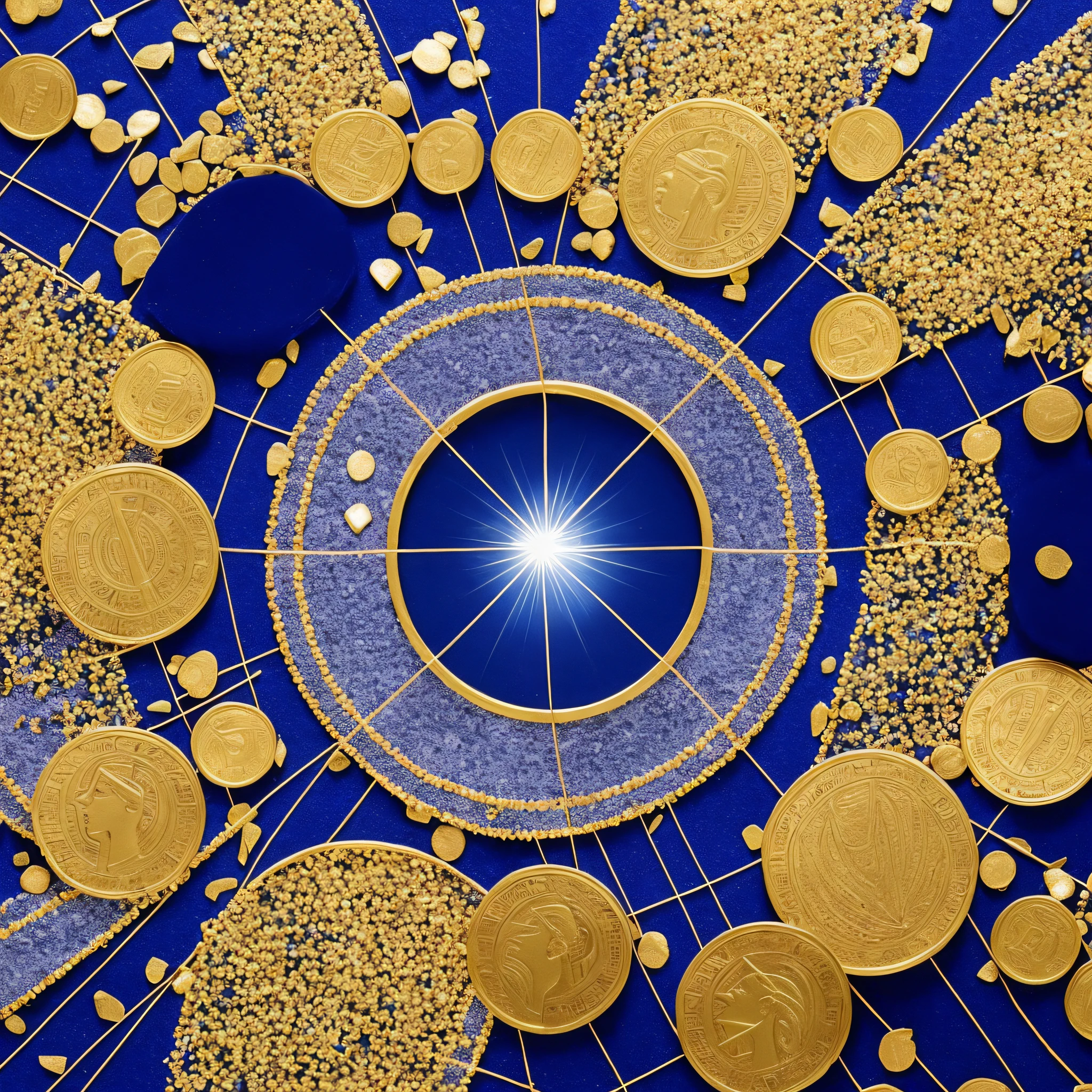 Egyptian gold coins falling inside a circle of crystals on a dark blue velvet background --auto --s2