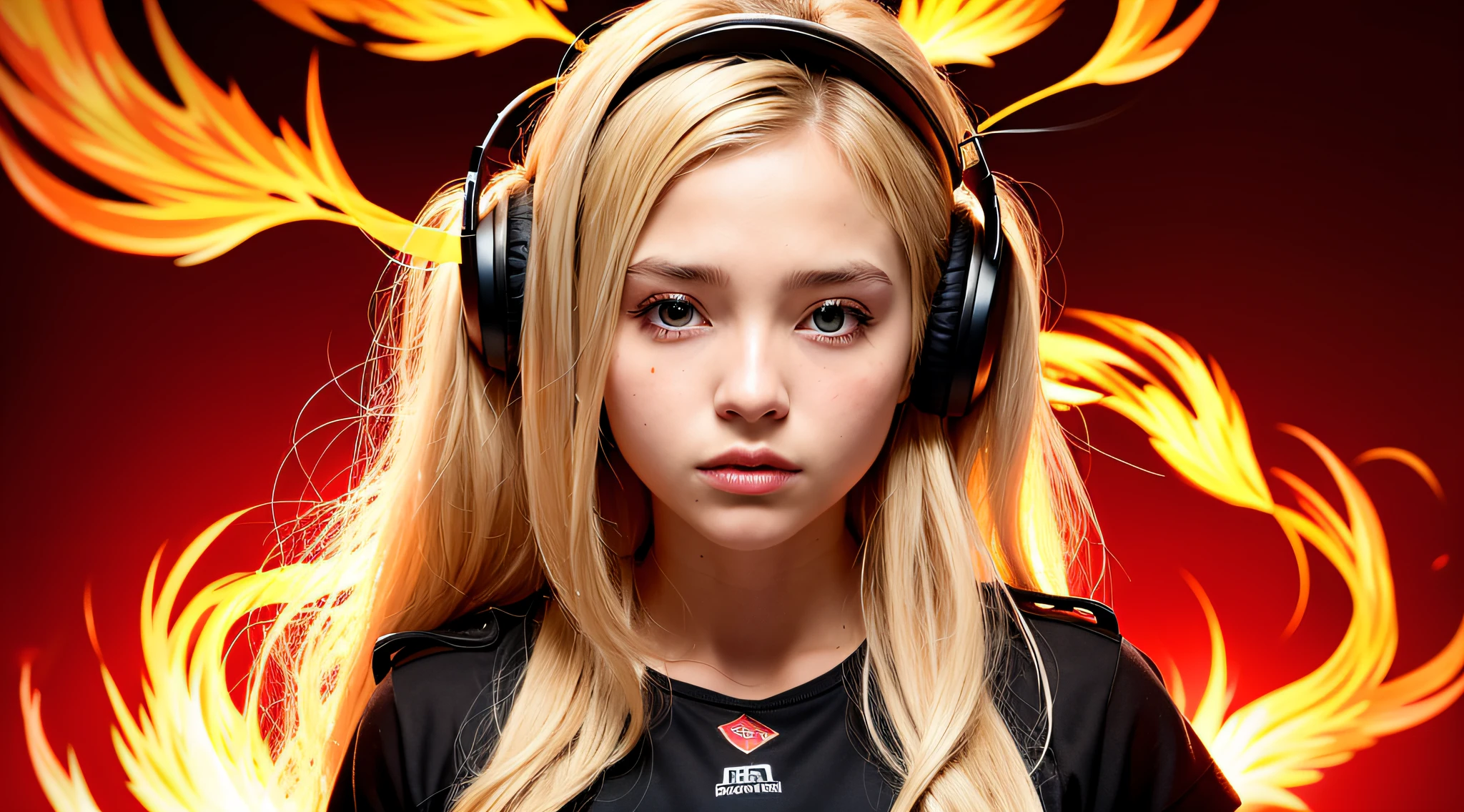 there is a 14 YEAR OLD GIRL in black top and headphones, LONG BLONDE HAIR, PORTRAIT STYLE, CLOSE UP, portrait photo, background art, wearing tumultuous flames, flames surround her, her body made of flames, on fire, on fire, goddess of hot fire, girl wearing headphones, burning in hell, flames around her body, Her hair is on fire, intense steaming, burning atmosphere, engulfed in swirling flames