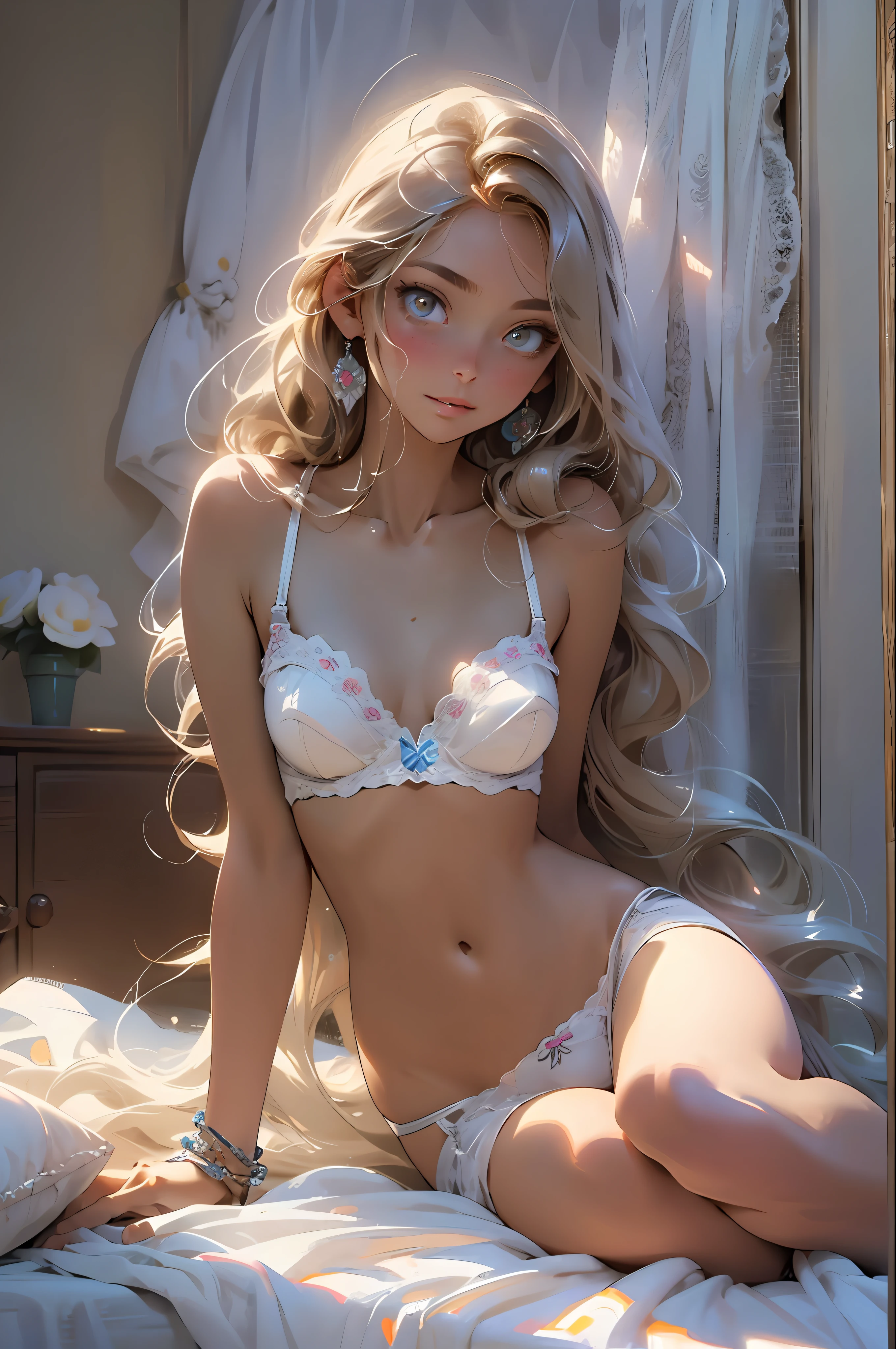 melancholy lighting, quiet, calm, brightness, masterpiece, best quality, 1girl, (JinxLol:1.2), (ultra photorealistic:1.3), (masterpiece:1.4), best quality, ((realistic)), high quality, ultra detailed, ((real image)), ((realistic skin)), ((realistic face)),(illustration:1.05), (beautiful:1.05), (beautiful detailed eyes:1.05), (cinematic light:1.1), full body, precise proportions, 18-year-old girl, skinny model lying next to the bed, hair fluttering in the wind, tulle, long legs, feet slightly open, buttocks, blush, shyness, collarbone, abdominals, double weave, beautiful and delicate face, fair skin, real skin, (face detail), pores, super high resolution, 8k, parameters Best quality, masterpiece, super high resolution, (Realistic 2.0), More details, detailed skin, white panties, straight brown hair, perfect and well designed eyes, girlfriend, beautiful, beautiful, flowers, studio lighting