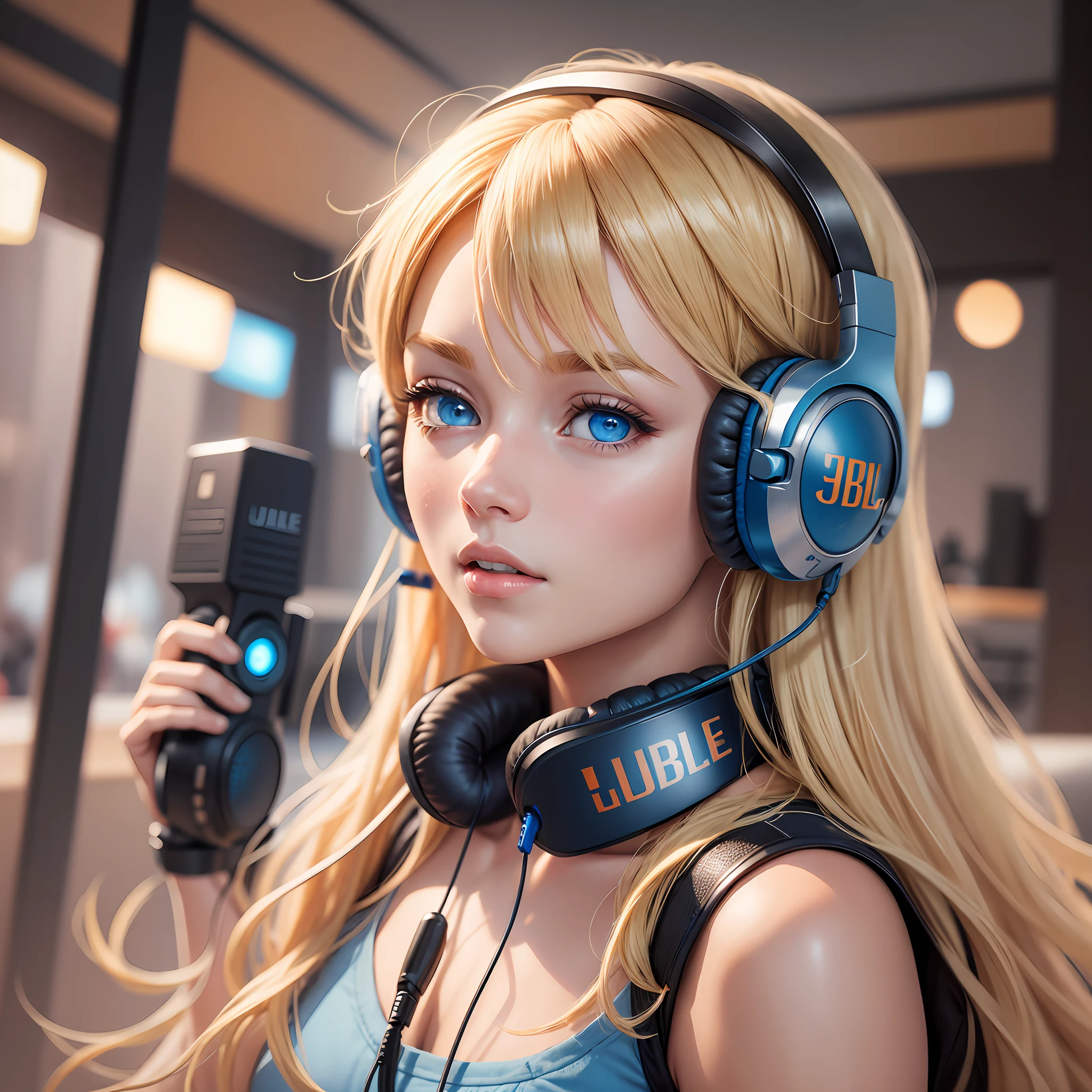 Blonde blue eyes with jbl headset enjoying the sound. --auto --s2