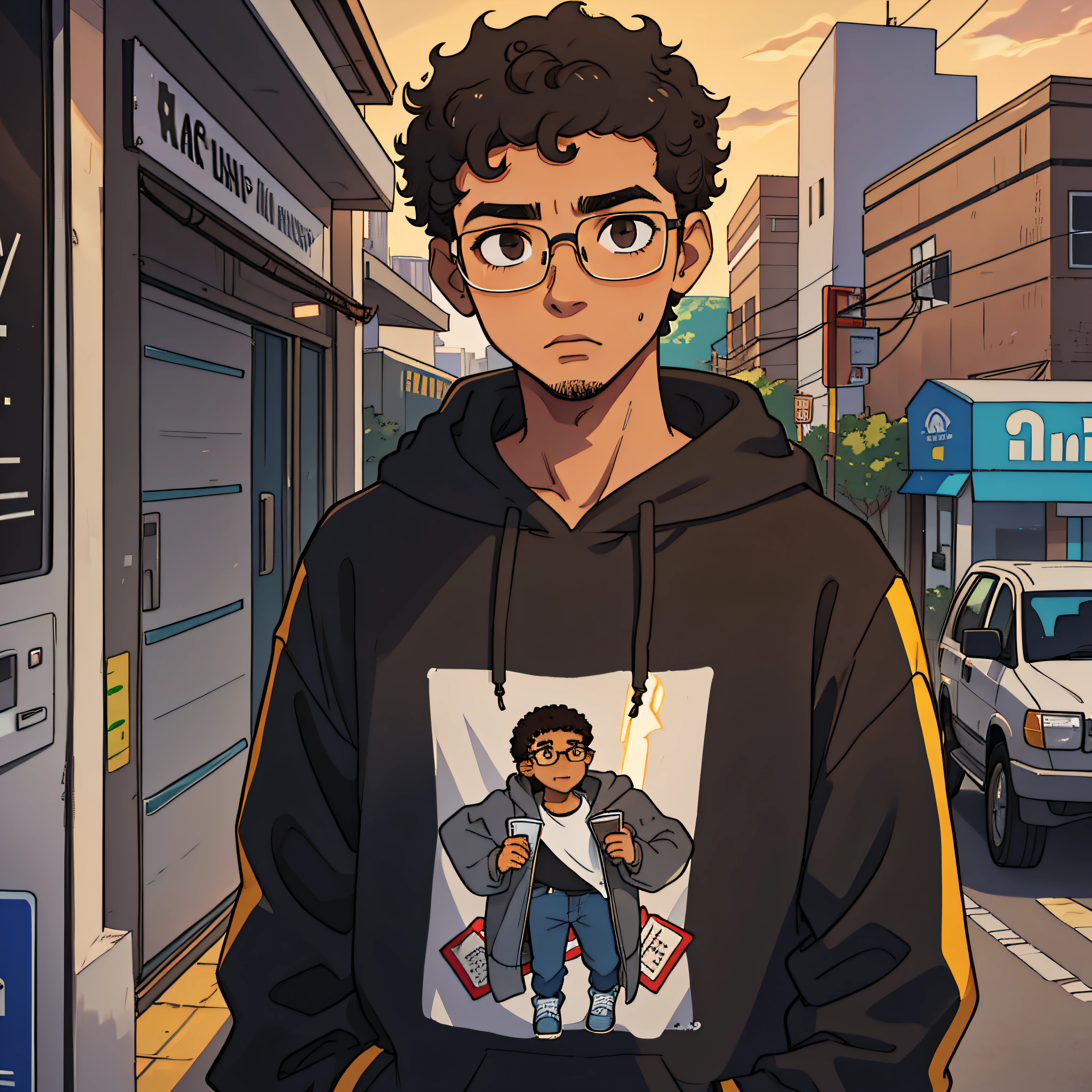 A 19-year-old Brazilian teenager, brown, short black taper fade hair, very curly afro hair, tall and thin, wearing a sweatshirt, wears glasses