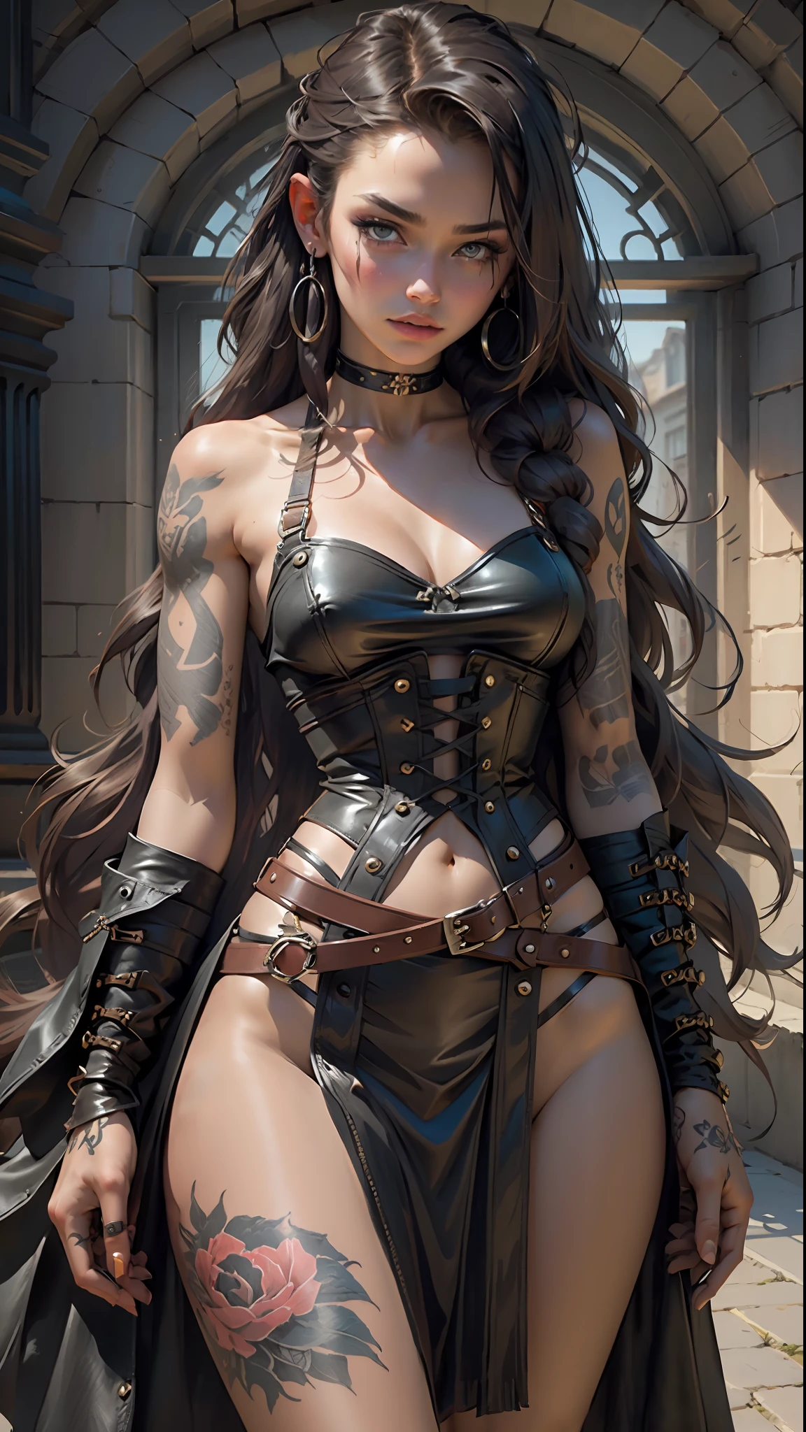 (Best Quality, Masterpiece: 1.1) a woman long hair, fringe leather corset, choker body covered in tattoos