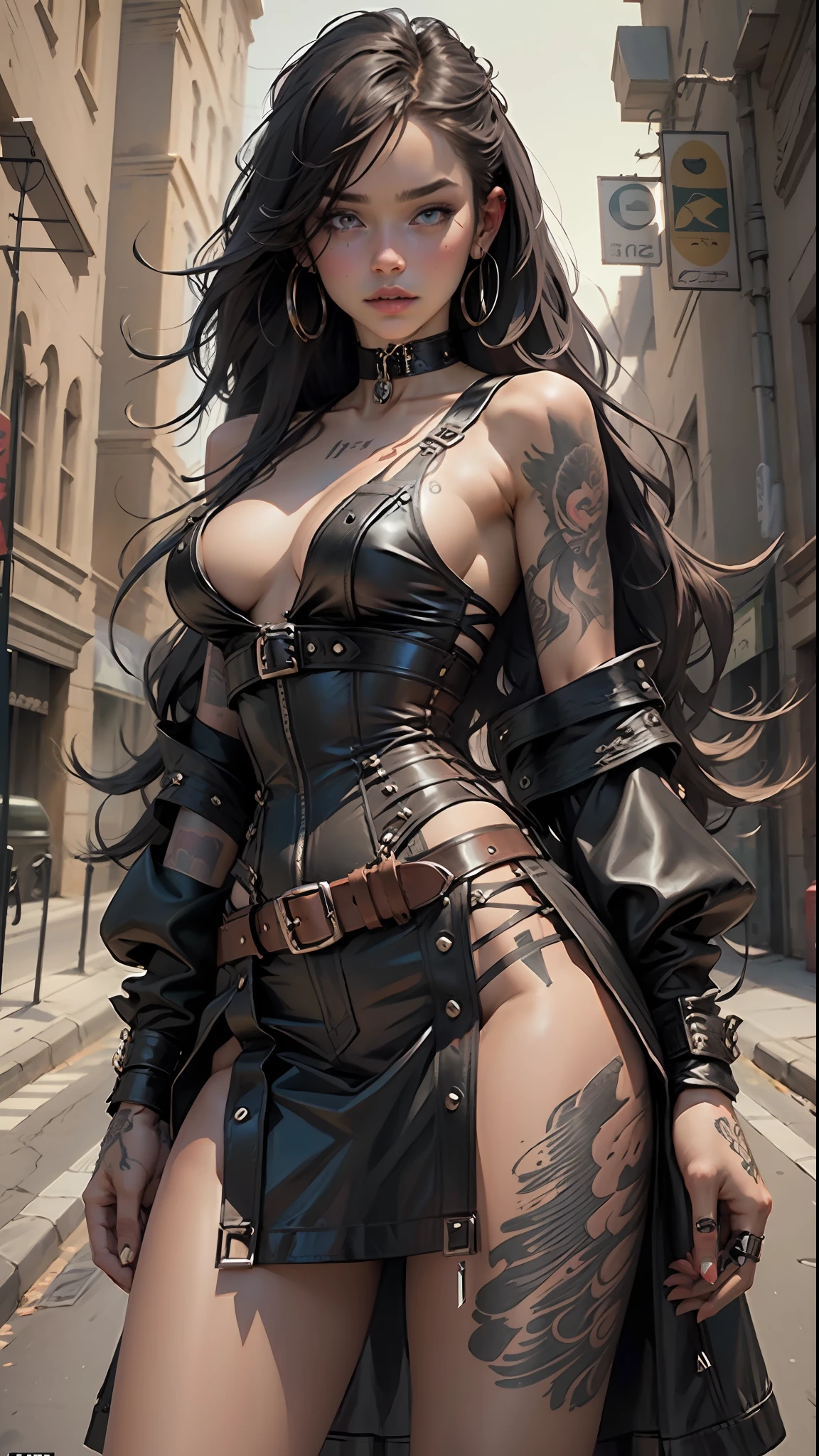 (Best Quality, Masterpiece: 1.1) a woman long hair, fringe leather corset, choker body covered in tattoos