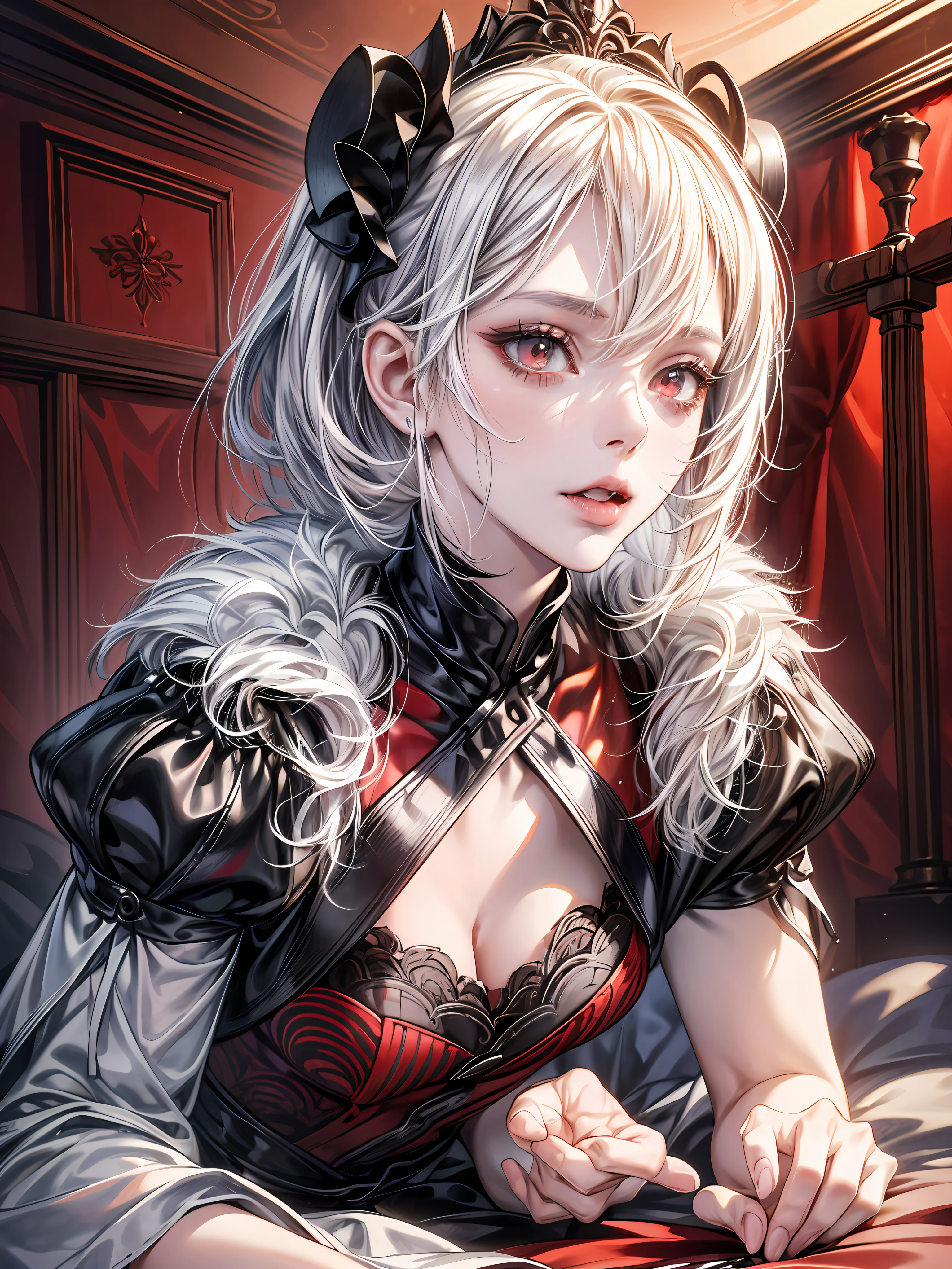 high contrast, (8K UHD:1.2), (photorealistic:1.2),(masterpiece:1.4), (best quality:1.4),extremely detailed wallpaper, highly detailed illustrations, (1 Girl), (best lighting) , (super-complex details) , 4K unified, (super-detailed CG: 1.2) , (8K: 1.2),(original), (masterpiece) , (best quality),(Masterpiece:1.4),Anime-ish high quality,(pov), vampire, pale skin, white hair, short hair, red eyes, large and voluminous eyelashes, white cilils, soft mouth, fangs, bloody mouth, female silhouette,((kneeling)),((big boobs)),tight,face,nsfw