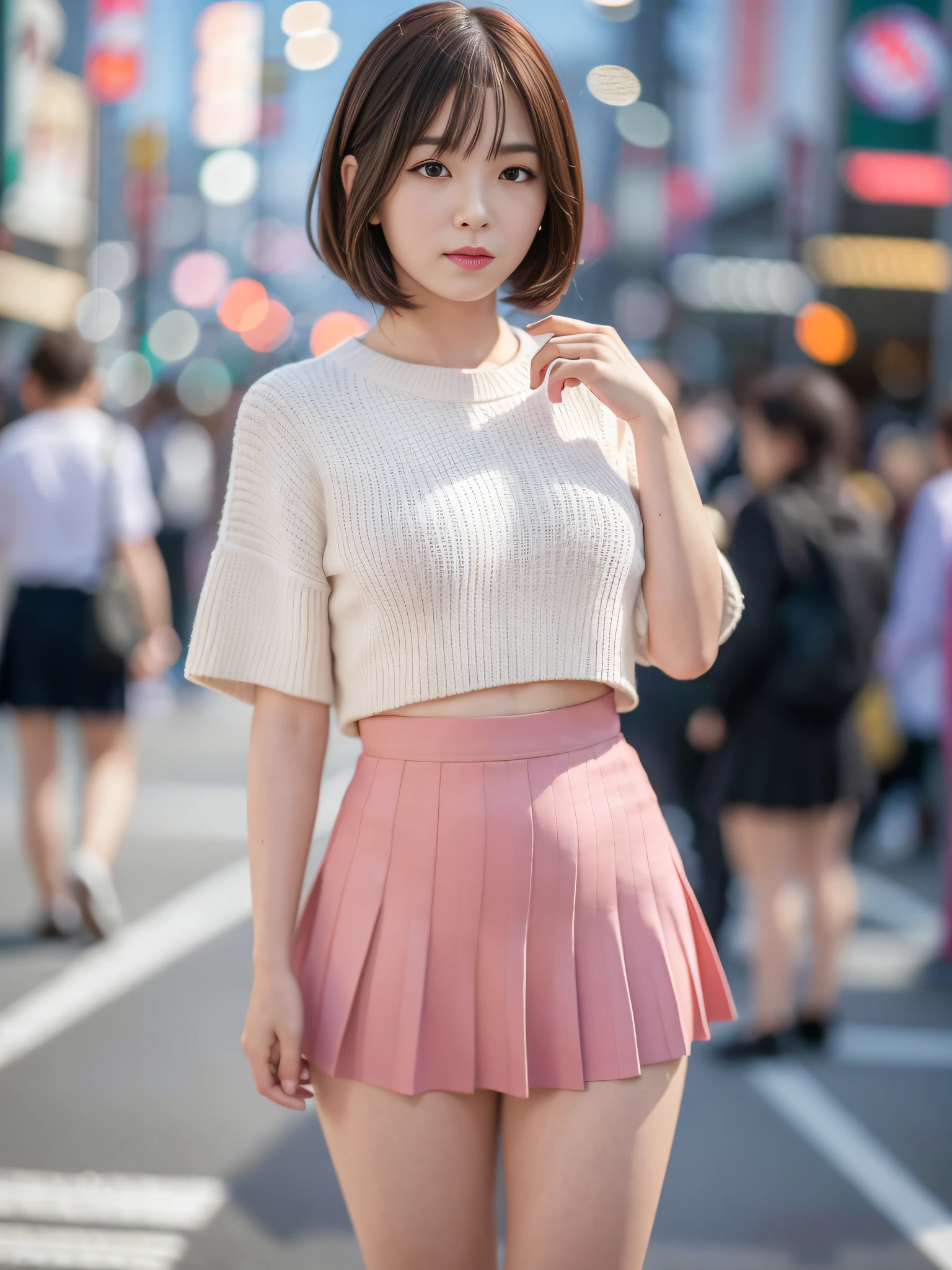 Ultra top quality, masterpiece, ultra high resolution, (photorealism: 1.4), highly detailed CG Unity 8k wallpaper, detailed and complex, incredibly absurd, original, high resolution, raw photo, (perfect figure), finely complex, dslr, soft lighting, high quality, film grain, depth of field, fujifilm xt3, 50mm lens, backlight, HDRHyperrealistic, Color Grade, Dynamic Pose, Portrait, Japan Person, Smile, Lips, Bangs, (Crowded Akihabara: 1.2), Short Hair, Front View Viewer, Natural Light, Girl, 19 Years Old, Full Body, Solo, Student, High School, Uniform, Bobby Socks, Pleated Skirt, Day, On the Street, Deep Shadow, Cute, Beauty, Unobtrusive, Cold Light 12000K\Street, Shop State, Akihabara, Shinjuku, Shibuya, Ikebukuro, detailed realism, skin texture, super detailed, realistic skin texture, (dramatic, award-winning photos, incredible masterpieces: 1.3)