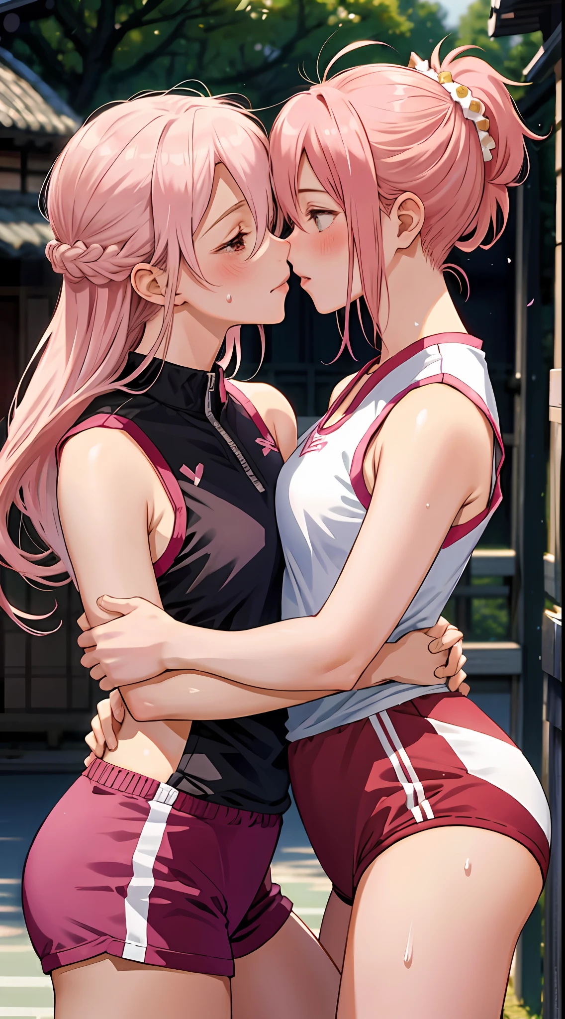 "(2 women kissing, Sakura kissing Ino), seductive workout clothes, sweat, training, small breasts, yuri:1.4, provocative, scene background with hyper details, Konoha village."