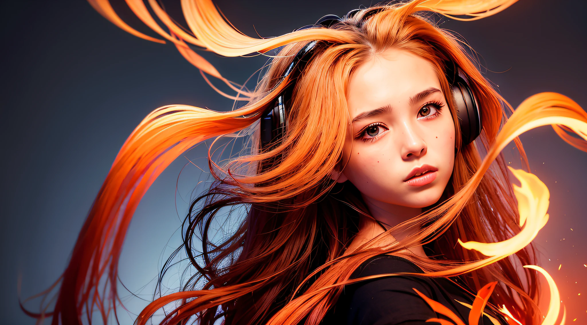 there is a 14 YEAR OLD GIRL in black top and headphones, LONG BLONDE HAIR, PORTRAIT STYLE, CLOSE UP, portrait photo, background art, wearing tumultuous flames, flames surround her, her body made of flames, on fire, on fire, goddess of hot fire, girl wearing headphones, burning in hell, flames around her body, Her hair is on fire, intense steaming, burning atmosphere, engulfed in swirling flames