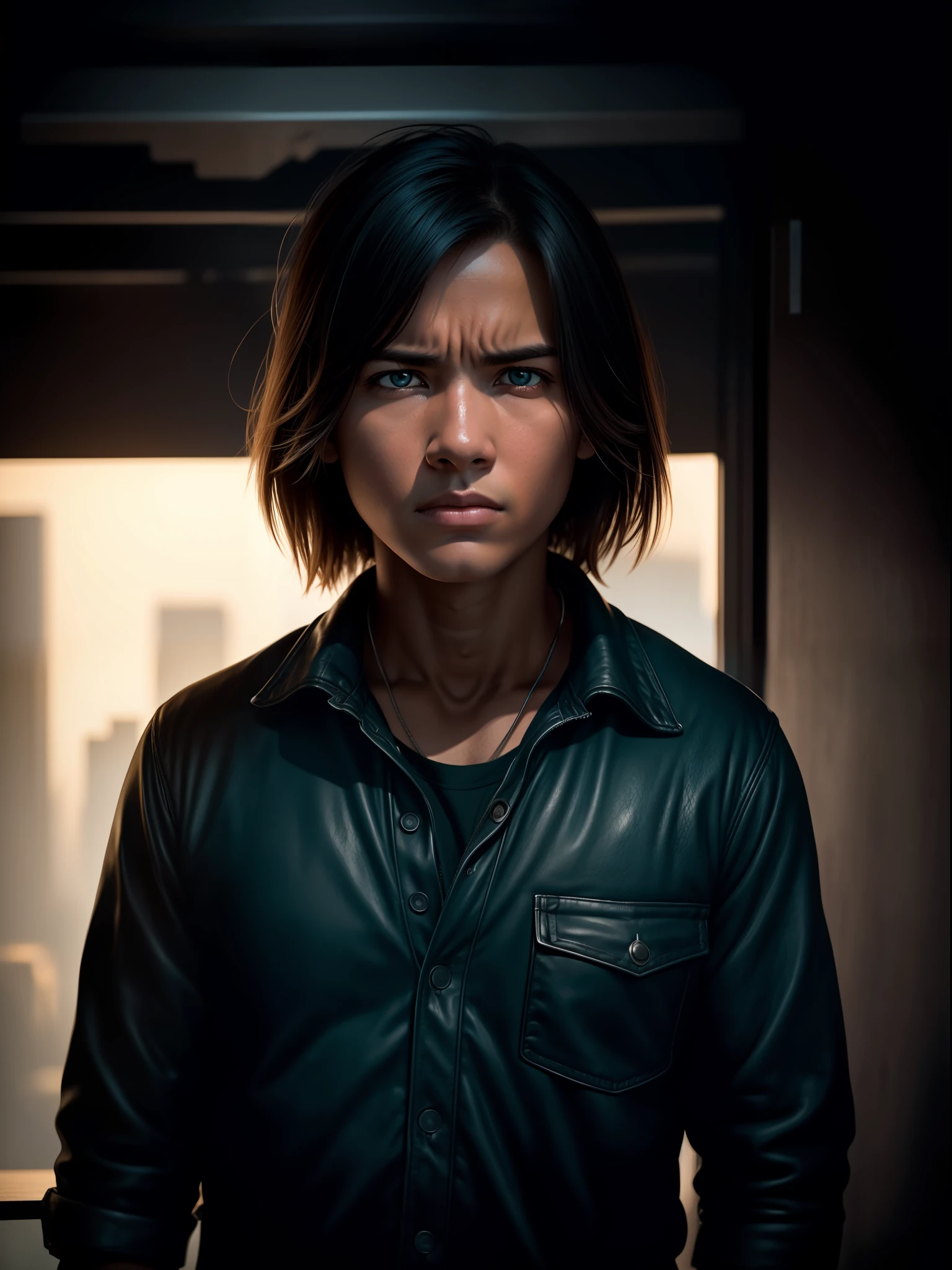 by lee jeffries nikon d850 film stock photography 4 kodak portra 400 camera f1.6 rich lenses colors hyper realistic texture dramatic lighting unrealengine trend in artstation cinestill 800, Extremely detailed face, realistic, best qualified, photorealistic, 8k quality, High ress, (1boy, in the house of 19 years, young of 19 years. standing, looking at the camera, angry, staring, combat pose), American shot