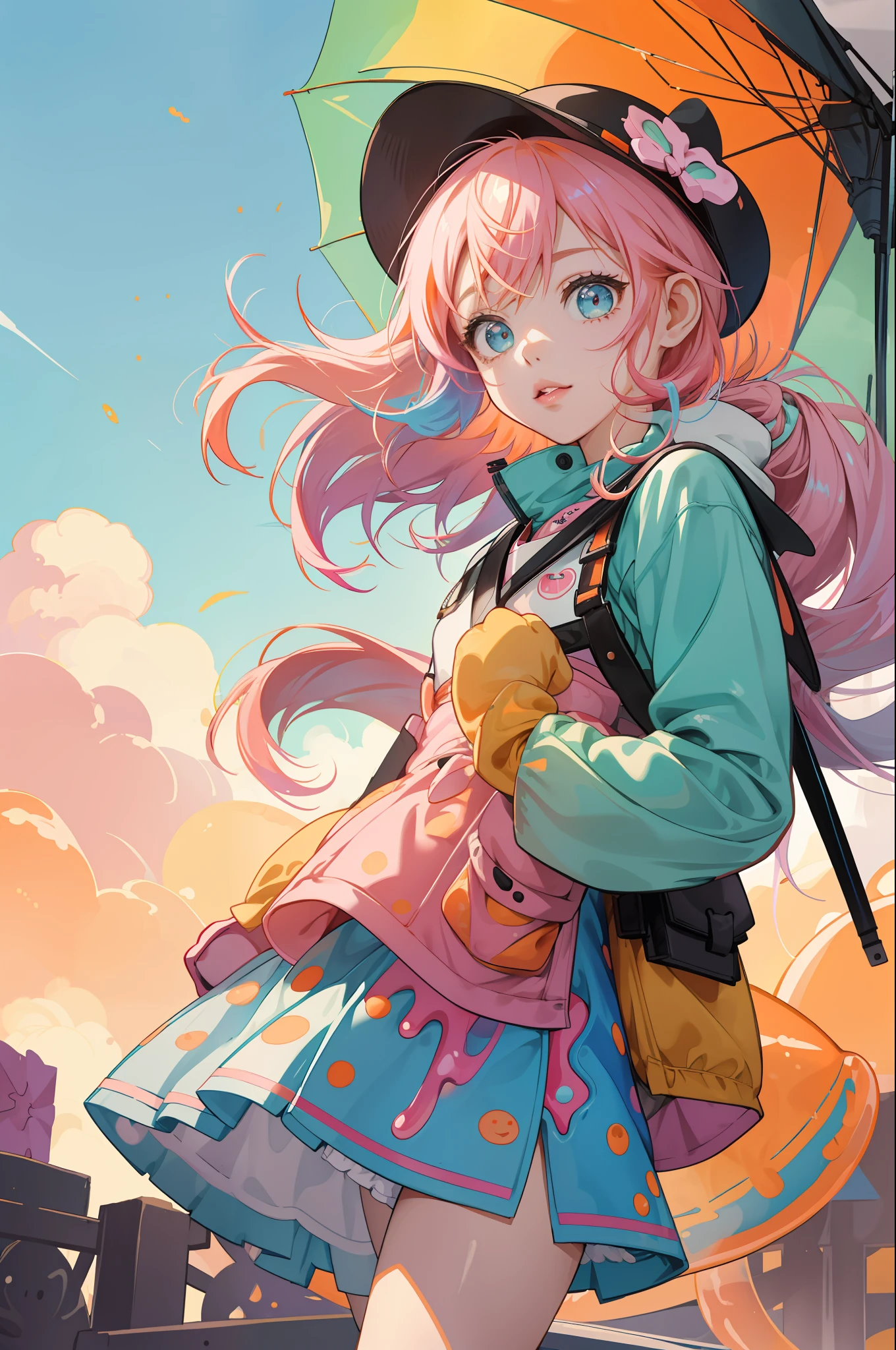 ((Cowboy shot:1))(Kick up:1.5), Girl, solo, short_pink_and_( blue)_hair , (cute_thigh:0.8),lips, (big_eyes_cute) , decora kei outfit, mittens, ((orange_slime on hands)) ,(umbrella:1)