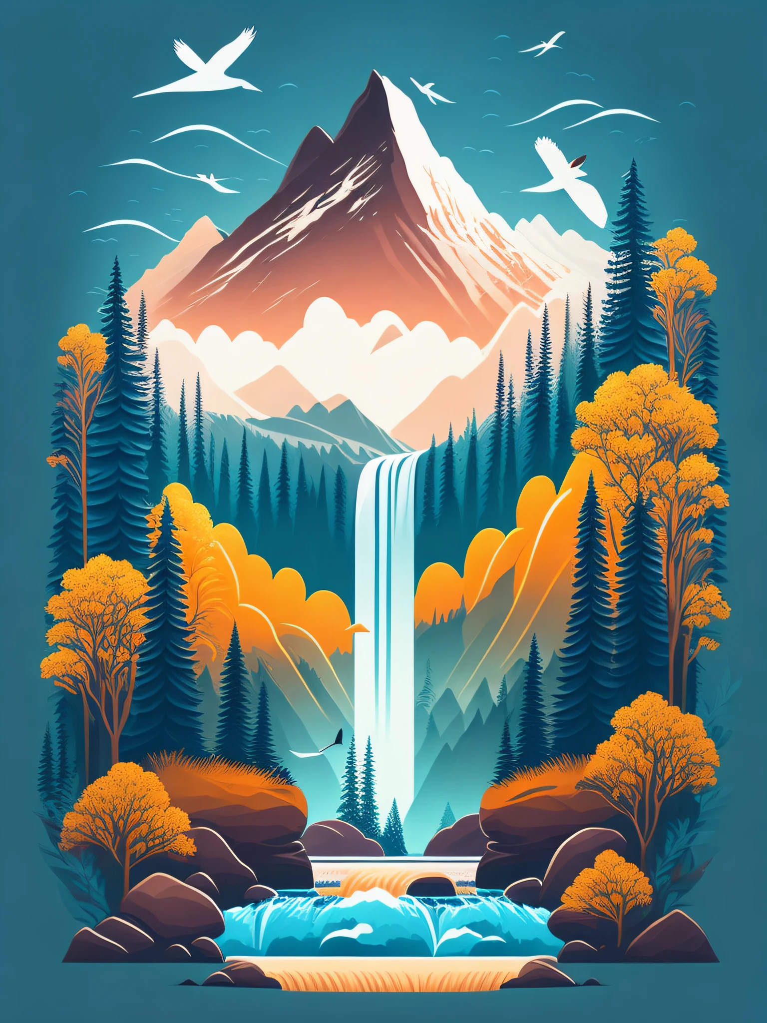 Waterfall on a mountain range, forest around river, birds in the sky, T-shirt design, rzminjourney, vector art
