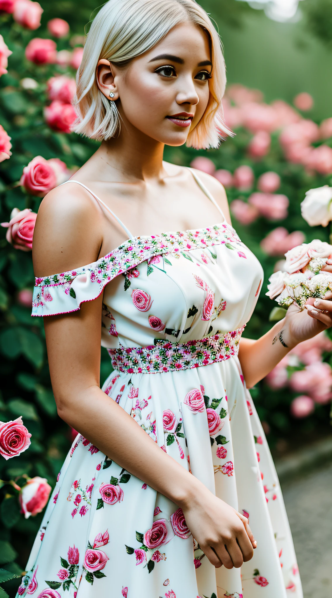 8k, RAW photo, Fujifilm, photo of a beautiful young woman in a rose garden (highly detailed skin: 1.2) short hair, blonde hair, wearing a dress, film granulation, 35mm