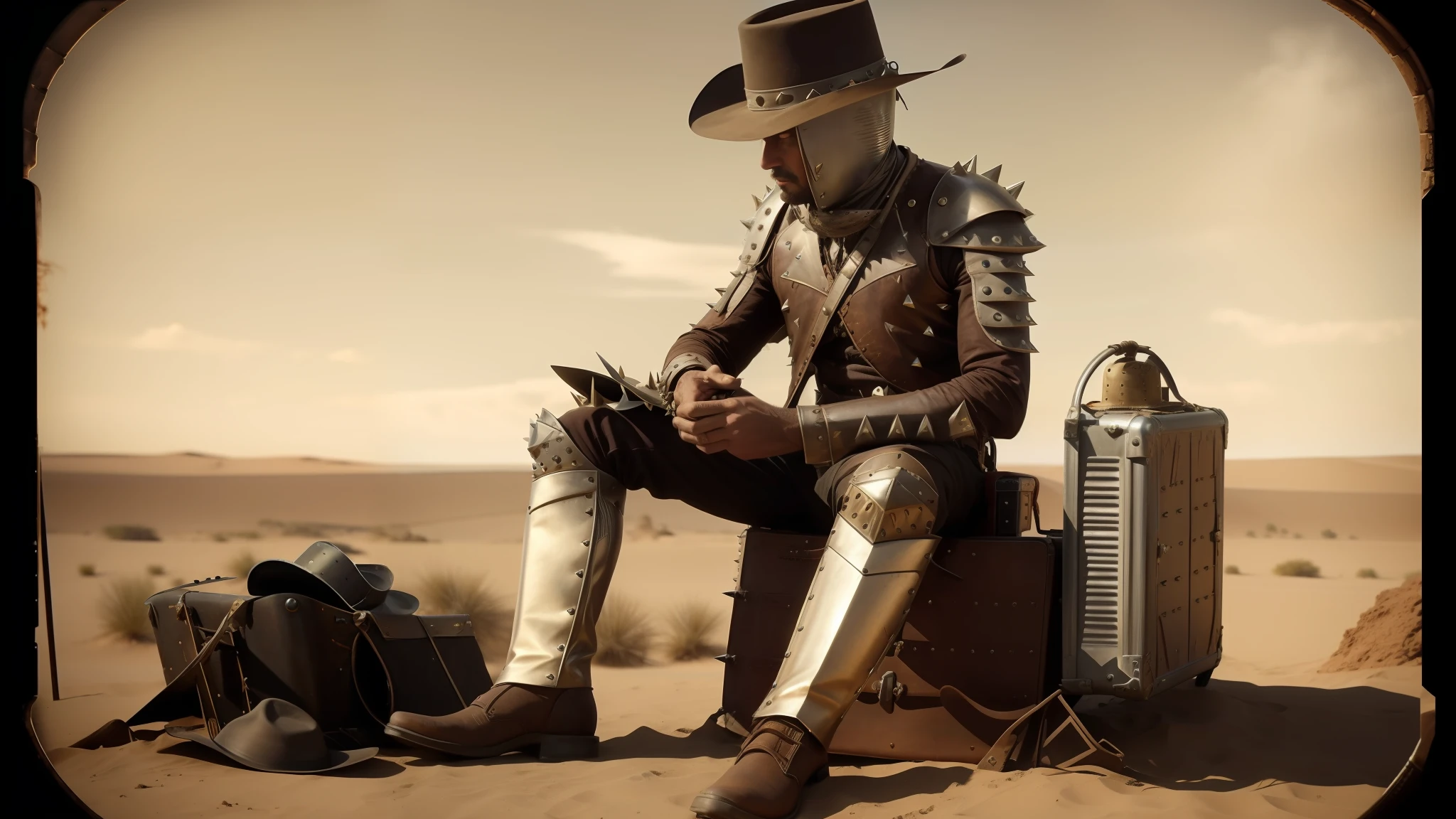 arafed man in a cowboy outfit sitting on a suitcase, spiked metal armor, still frame from a movie, by Keith Parkinson, ffffound, 1 9 century, rock and dust, dune (2021), argos, patriot, high hat, solar punk, 1 8 7 0