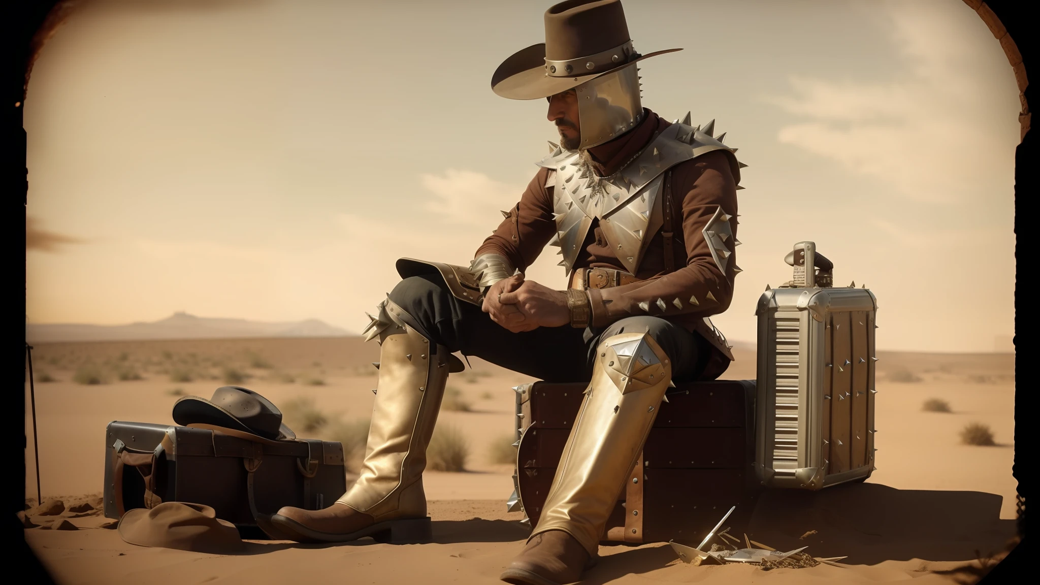 arafed man in a cowboy outfit sitting on a suitcase, spiked metal armor, still frame from a movie, by Keith Parkinson, ffffound, 1 9 century, rock and dust, dune (2021), argos, patriot, high hat, solar punk, 1 8 7 0