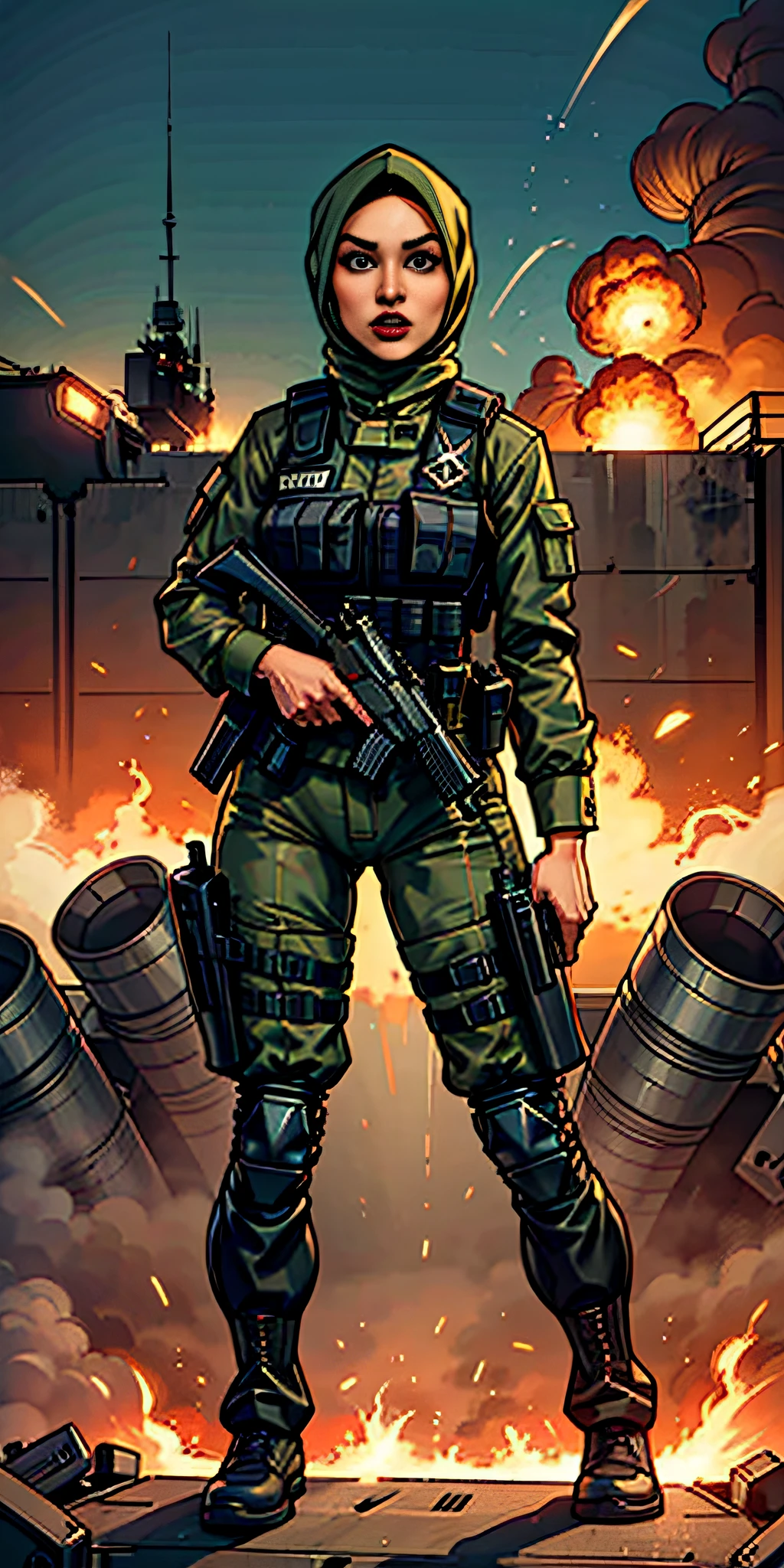 (Stunning hijab woman wearing clothes ready to fight the oppression), ((armed police and military) background and fire explosions everything)