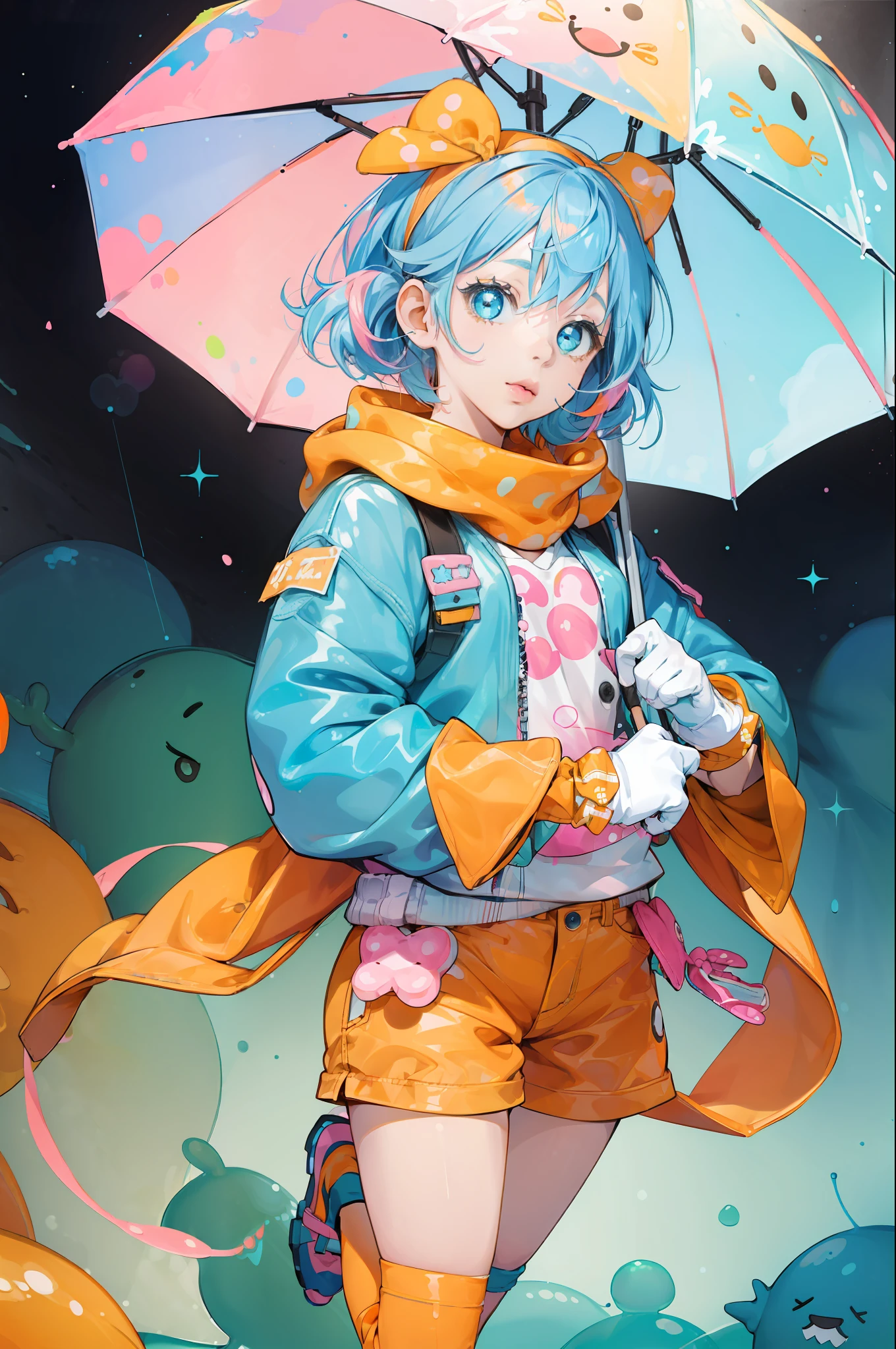 (Kick up poses:1.5), Girl, solo, short_pink_and_(baby blue)_hair , (cute_thigh:0.8),lips, (big_eyes_cute) , decora kei outfit, mittens, ((orange_slime on hands)) ,(umbrella:1)