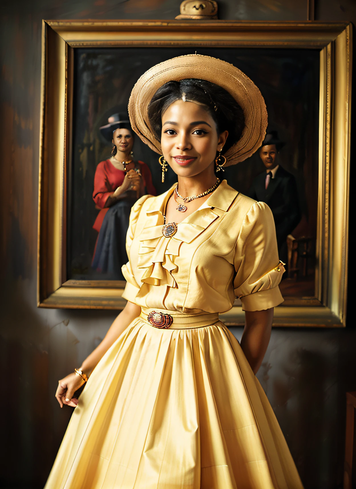 ((best quality)), ((masterpiece)), ((realistic)), vintage Afro-Caribbean woman, elegant attire, 1950s fashion, radiant smile, confident stance, cultural pride, (oil painting:1.2), (Lois Mailou Jones:1.1), (Kadir Nelson:1.1), vivid colors, nostalgic background, authentic vintage feel, (portrait composition:1.3), (high-resolution:1.2)