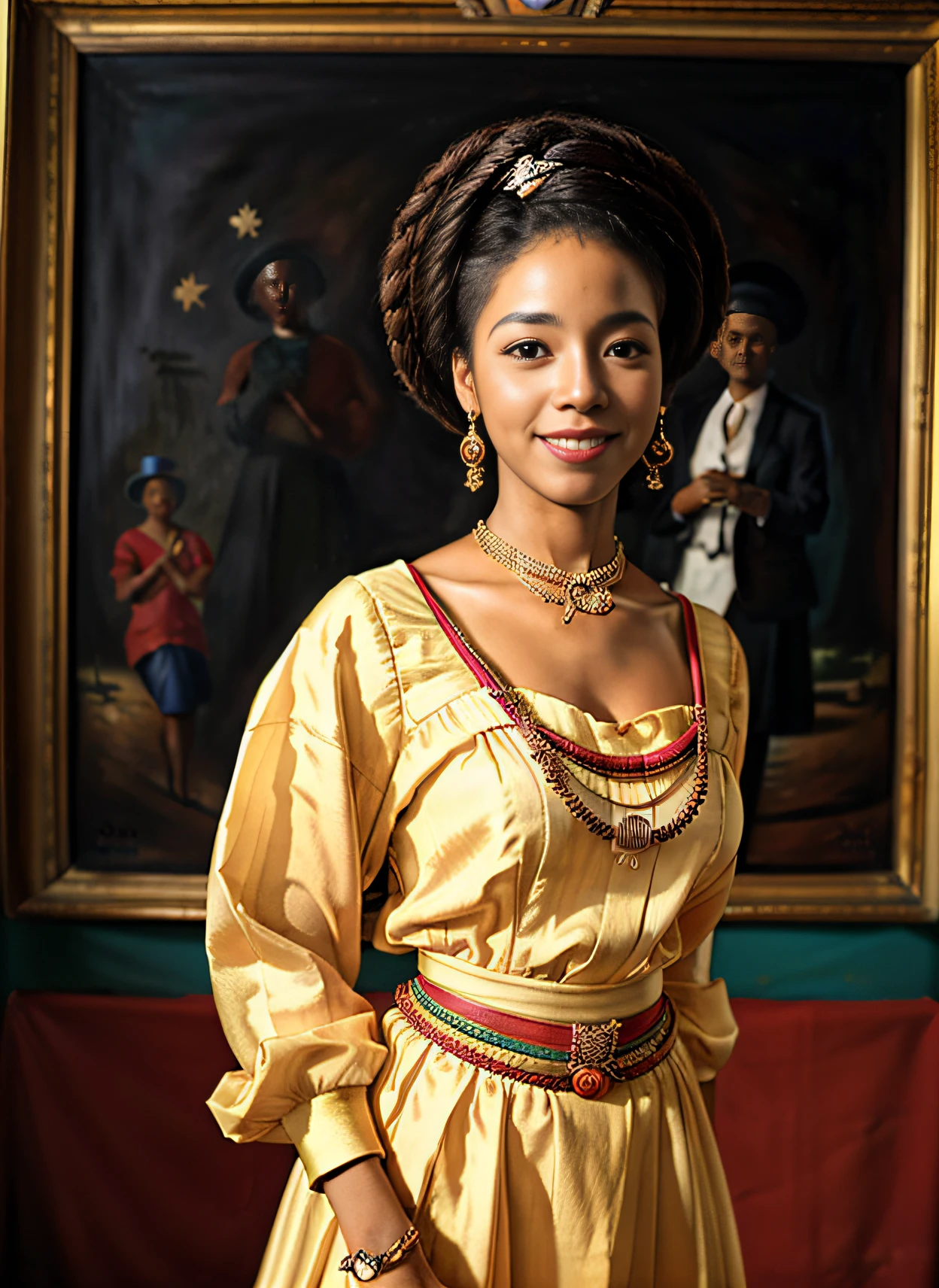 ((best quality)), ((masterpiece)), ((realistic)), vintage Afro-Caribbean woman, elegant attire, 1950s fashion, radiant smile, confident stance, cultural pride, (oil painting:1.2), (Lois Mailou Jones:1.1), (Kadir Nelson:1.1), vivid colors, nostalgic background, authentic vintage feel, (portrait composition:1.3), (high-resolution:1.2)