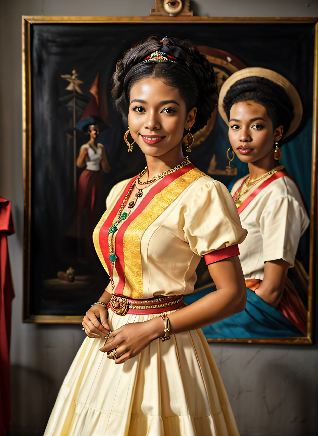 ((best quality)), ((masterpiece)), ((realistic)), vintage Afro-Caribbean woman, elegant attire, 1950s fashion, radiant smile, confident stance, cultural pride, (oil painting:1.2), (Lois Mailou Jones:1.1), (Kadir Nelson:1.1), vivid colors, nostalgic background, authentic vintage feel, (portrait composition:1.3), (high-resolution:1.2)