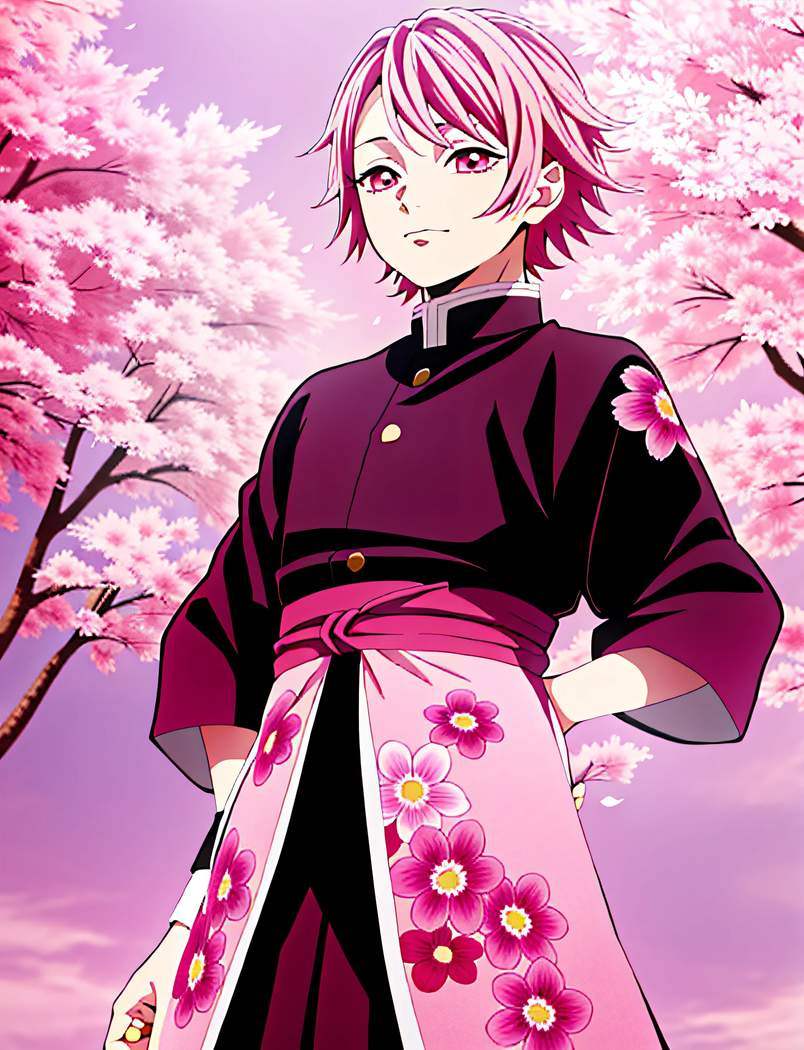Kimetsu no Yaiba style Flower Hashira, young male in a black and pink Demon Slayer Uniform with beautiful detailed pink sakura cherry blossom patterns, short pink hair, friendly soft face, anime illustration, high detail, high contrast, cherry blossom trees in the background, daytime ((masterpiece))