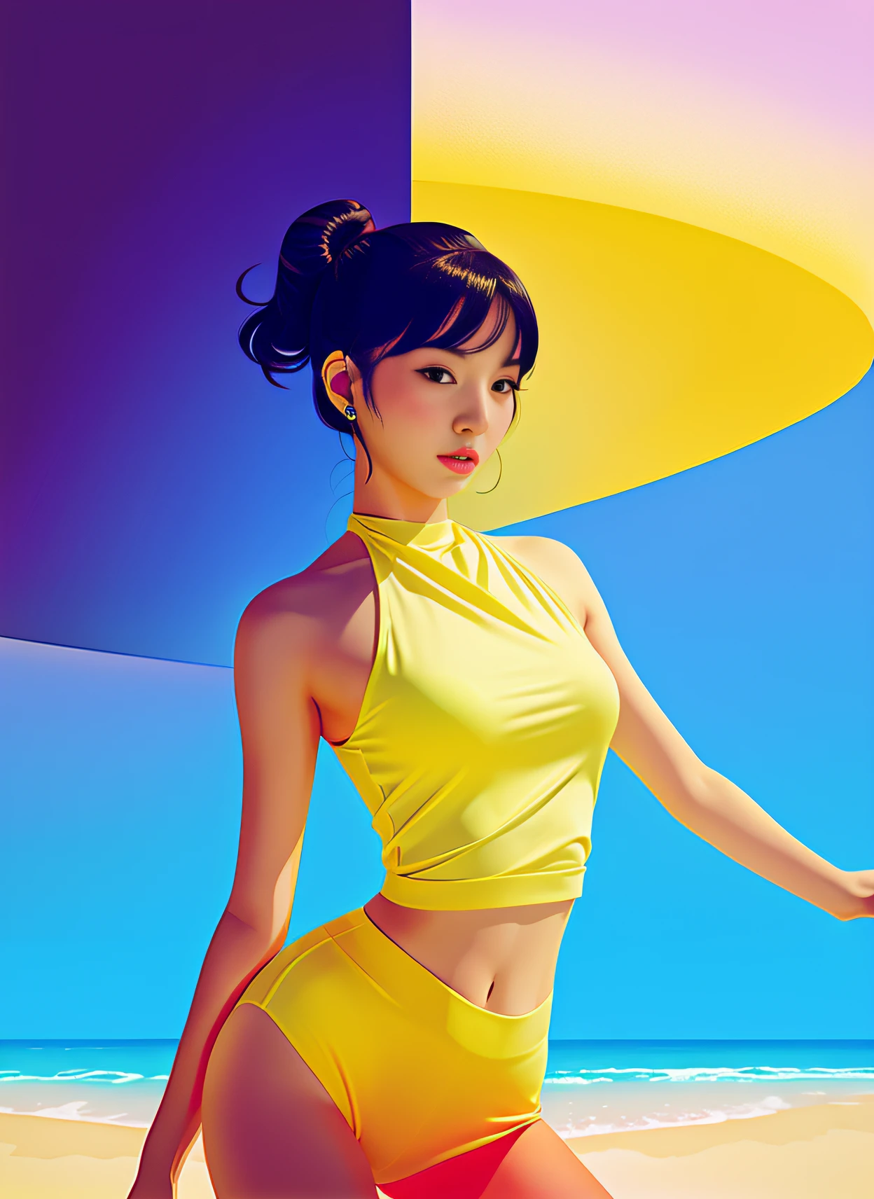 a woman in a dynamic pose wearing a beach wear, designed by Gucci::3, tumblr, inspired by Yanjun Cheng style, digital art, lofi girl internet meme, trending on dezeen, catalog photo, 3 d render beeple, rhads and lois van baarle, cartoon style illustration, bright pastel colors, a beautiful artwork illustration, retro anime girl --ar 2:3 --q 2