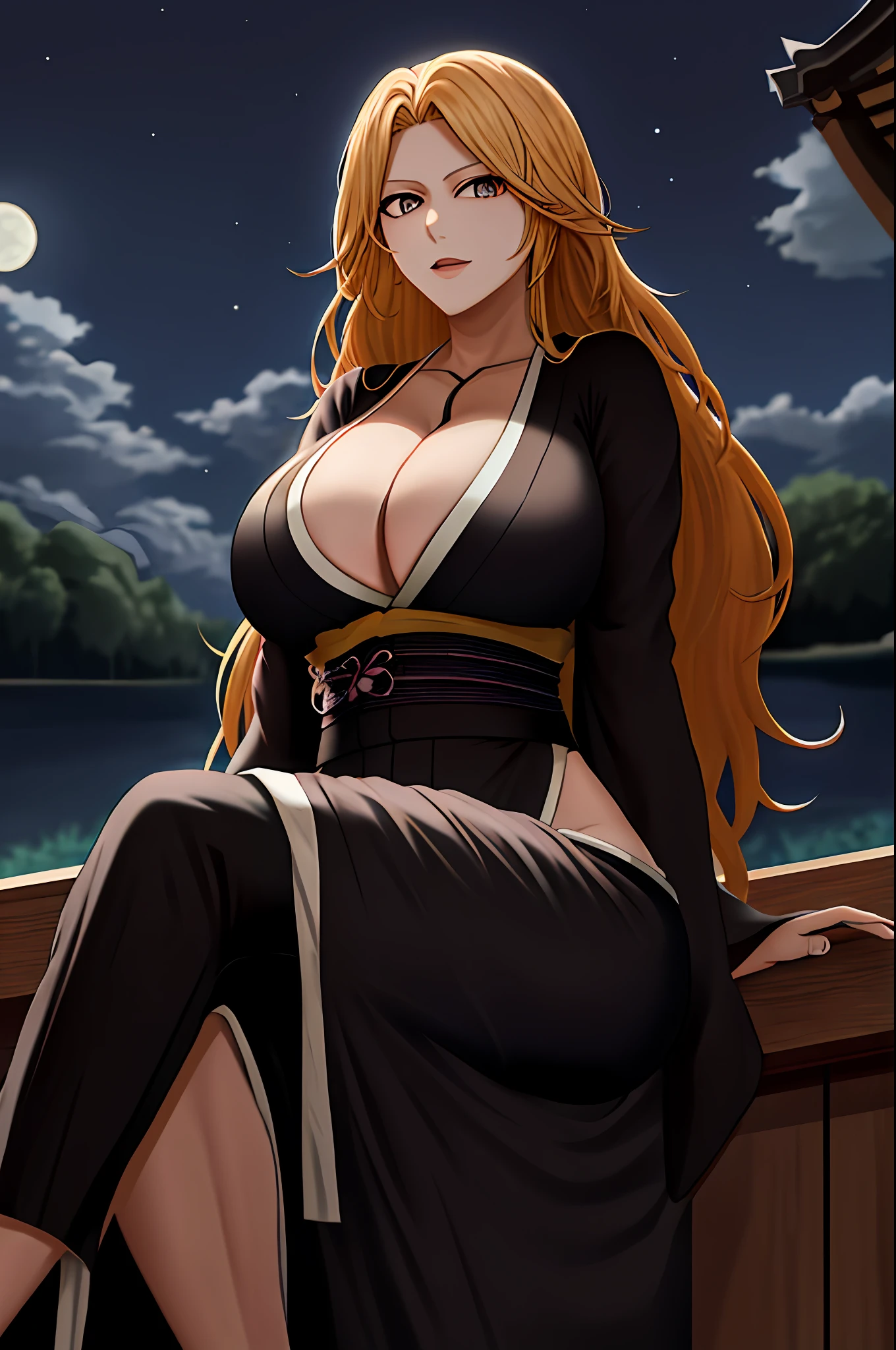 rangiku, night, cleavage, sitting near the lake, deep gray eyes, moon, black japanese clothes, stars, big breasts, from below, blonde hair, open mouth