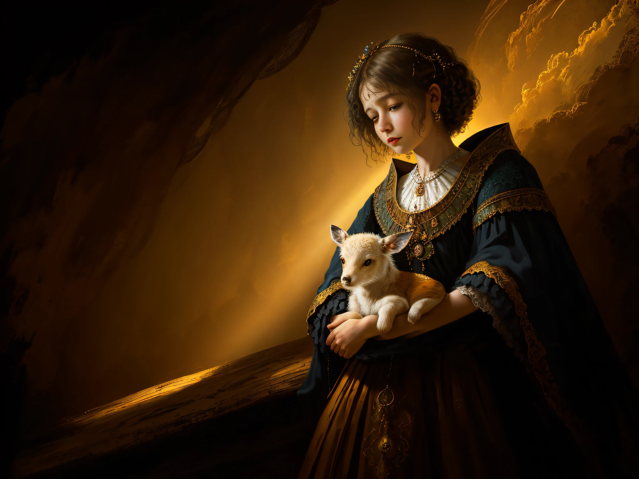 An extraordinary miniature that fuses the essence of love, taking inspiration from the renowned painter Rembrandt. The image depicts a LITTLE DEER, reminiscent of Rembrandt's masterful use of light and shadow. The celestial scenery, reminiscent of the landscapes with mounts in the background cloth. Rembrandt's bright, atmospheric sun and moon, WITH BRIGHT CROSS IN THE BACKGROUND bathes the scene in a soft, ethereal glow, painted with delicate brushstrokes reminiscent of Rembrandt's detailed technique, symbolizes peace and the presence of the Holy Spirit.