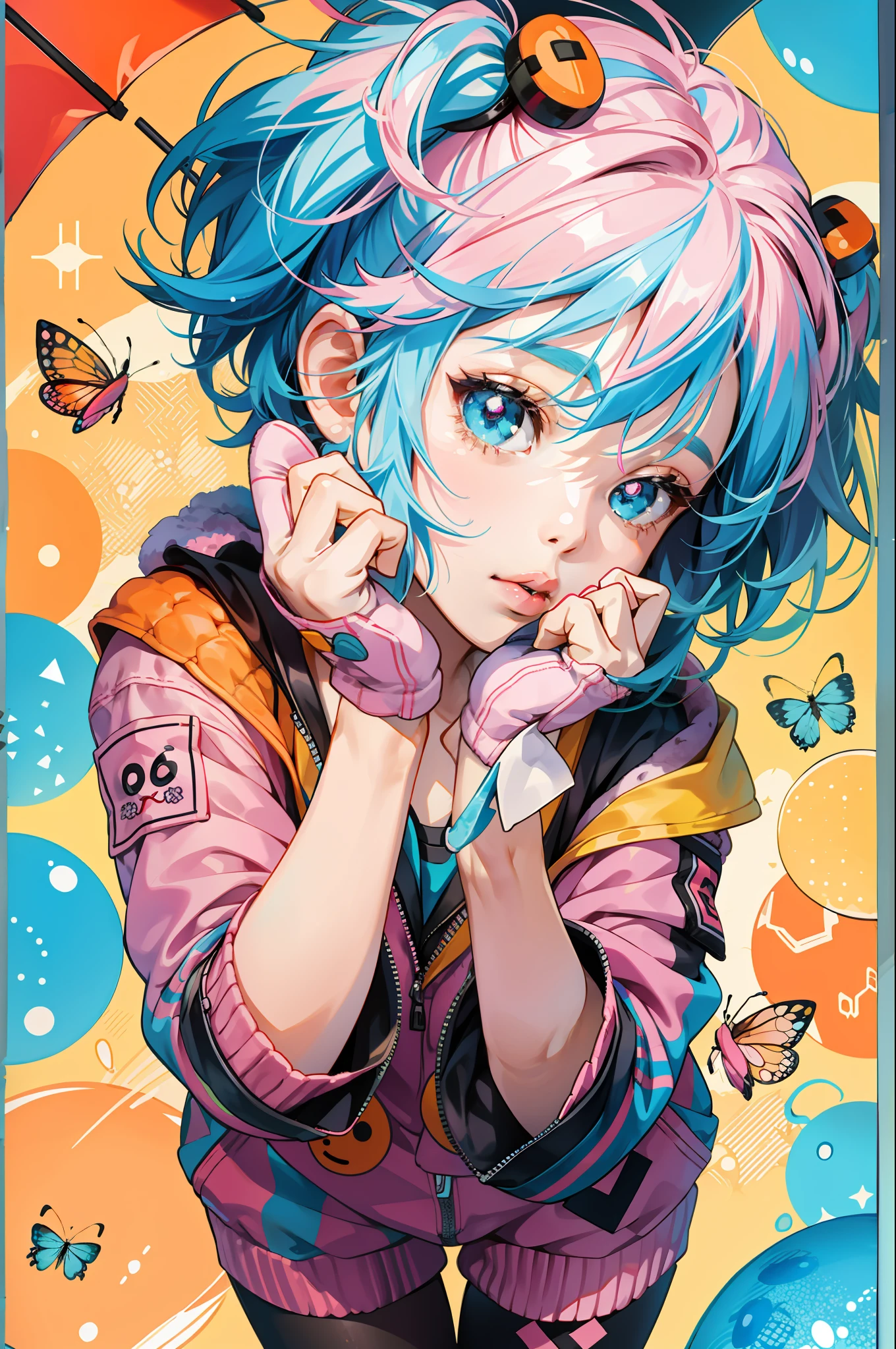 Kick up poses:1.5, Girl, solo, short_pink_and_baby_blue_hair, cute lips and bug eyes, decora kei outfit, mittens, hands covered in orange slime, and carrying an umbrella:1)