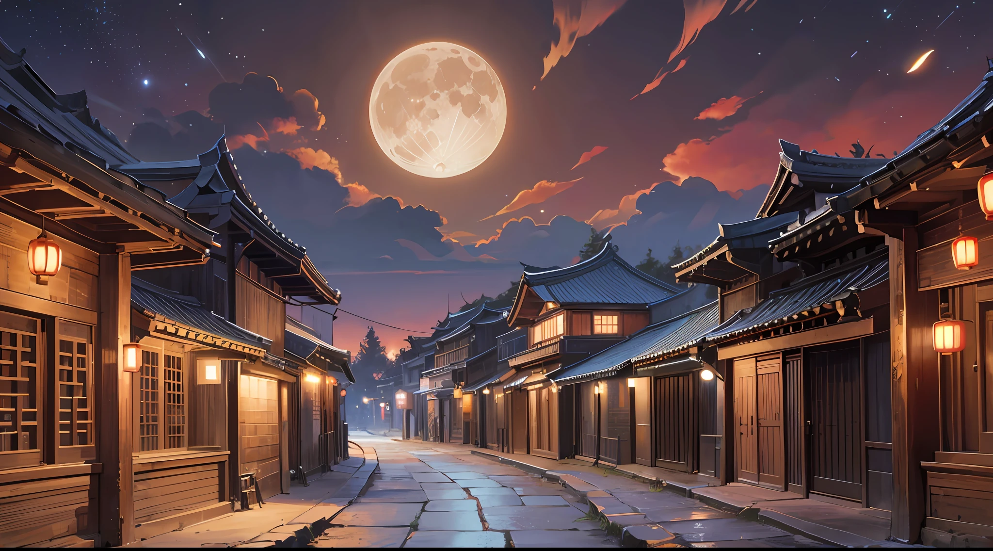 Official Art, Ancient China, Ancient Streets, (Lots of Fireflies), (Night), (Moon), Lights, Beautiful Landscapes, Epic Landscapes, Realistic Lights, Masterpiece, High Quality, Beautiful Graphics, High Detail , Global Illumination, Unreal Engine Rendering, Octane Rendering, (HDR: 1.3) --auto --s2