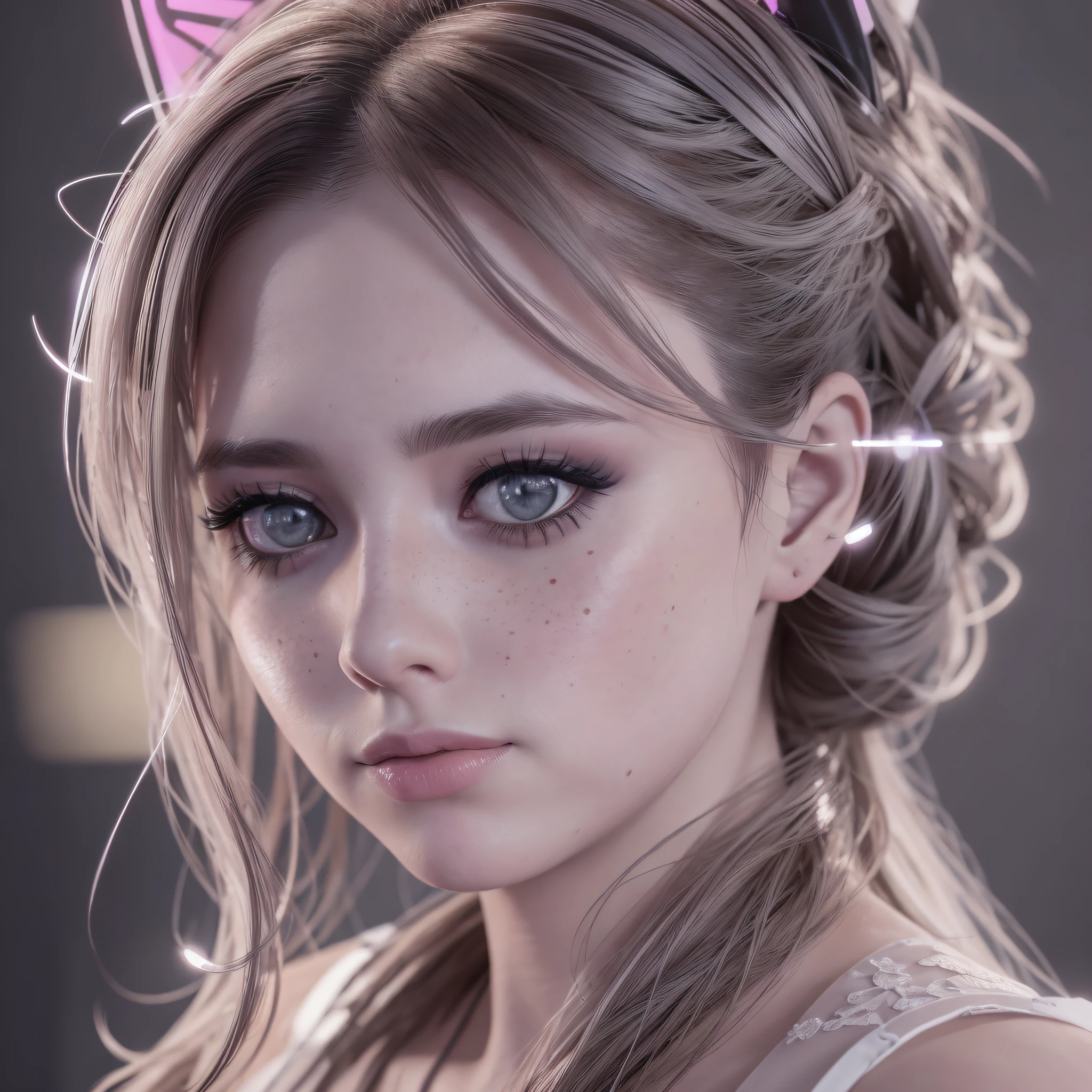 wearing a wedding dress, ponytail, cat ears, heavy makeup, beautiful eyes, freckles, lipstick, neon, cyberpunk, night, bokeh, colourful colors, dramatic lighting, ultra realistic, photorealistic, unreal render, unreal engine, hyper detailed photorealism cinematic intricate details cinematic lighting photorealistic, HDR, RTX, 4K, 8K, 16K --ar 1:1 --auto --s2