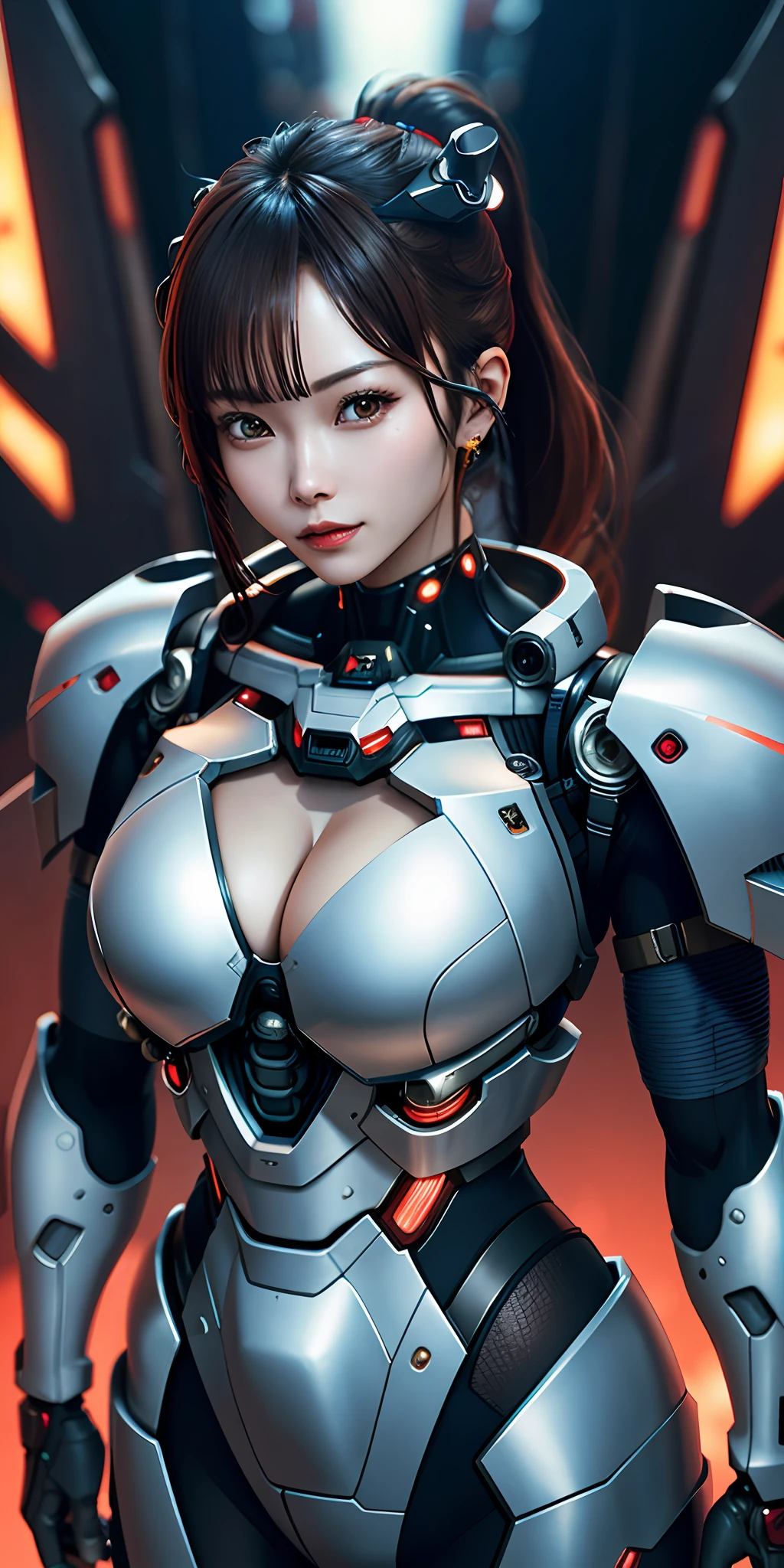Close up portrait of Japan woman posing in metal suit, SFM rendered biomechanical, cyberpunk, mecha cyber armor girl, cleavage exposed skin, details are Gundam, detailed neon, fine tubes, metal cylinders, 8K high quality detail art metallic armor, fine and dense armor, realistic shading perfect bodyPerfect Body, Photorealistic Perfection Body, Highly Detailed ArtGerm, 3D Rendering Character Art 8K, Ultra Detailed Rendering