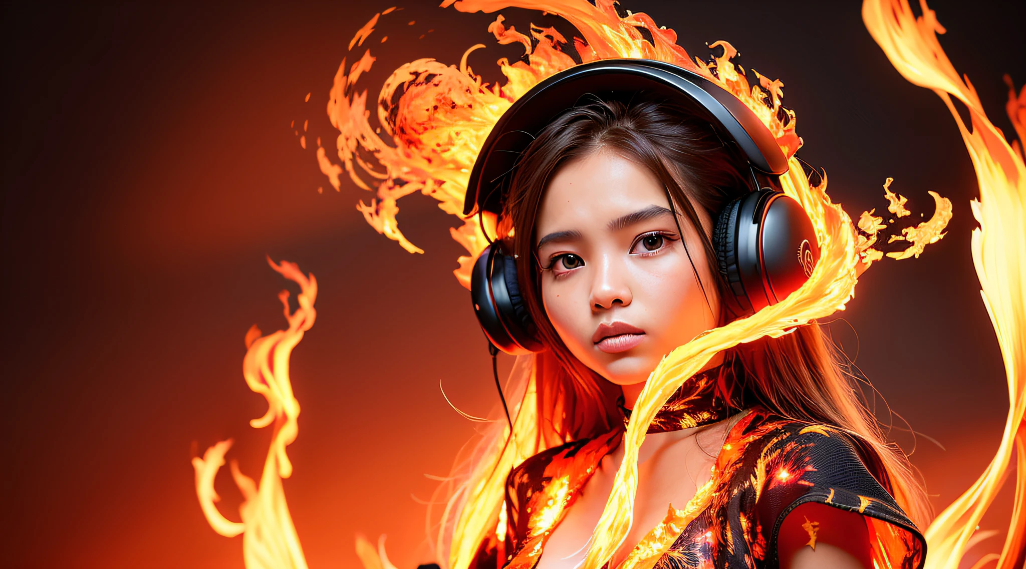 there is a OLD GIRL in black top and headphones, LONG BLONDE HAIR, PORTRAIT STYLE, CLOSE UP, portrait photo, background art, wearing tumultuous flames, flames surround her, her body made of flames, on fire, on fire, goddess of hot fire, girl wearing headphones, burning in hell, flames around her body, Her hair is on fire, intense steaming, burning atmosphere, engulfed in swirling flames