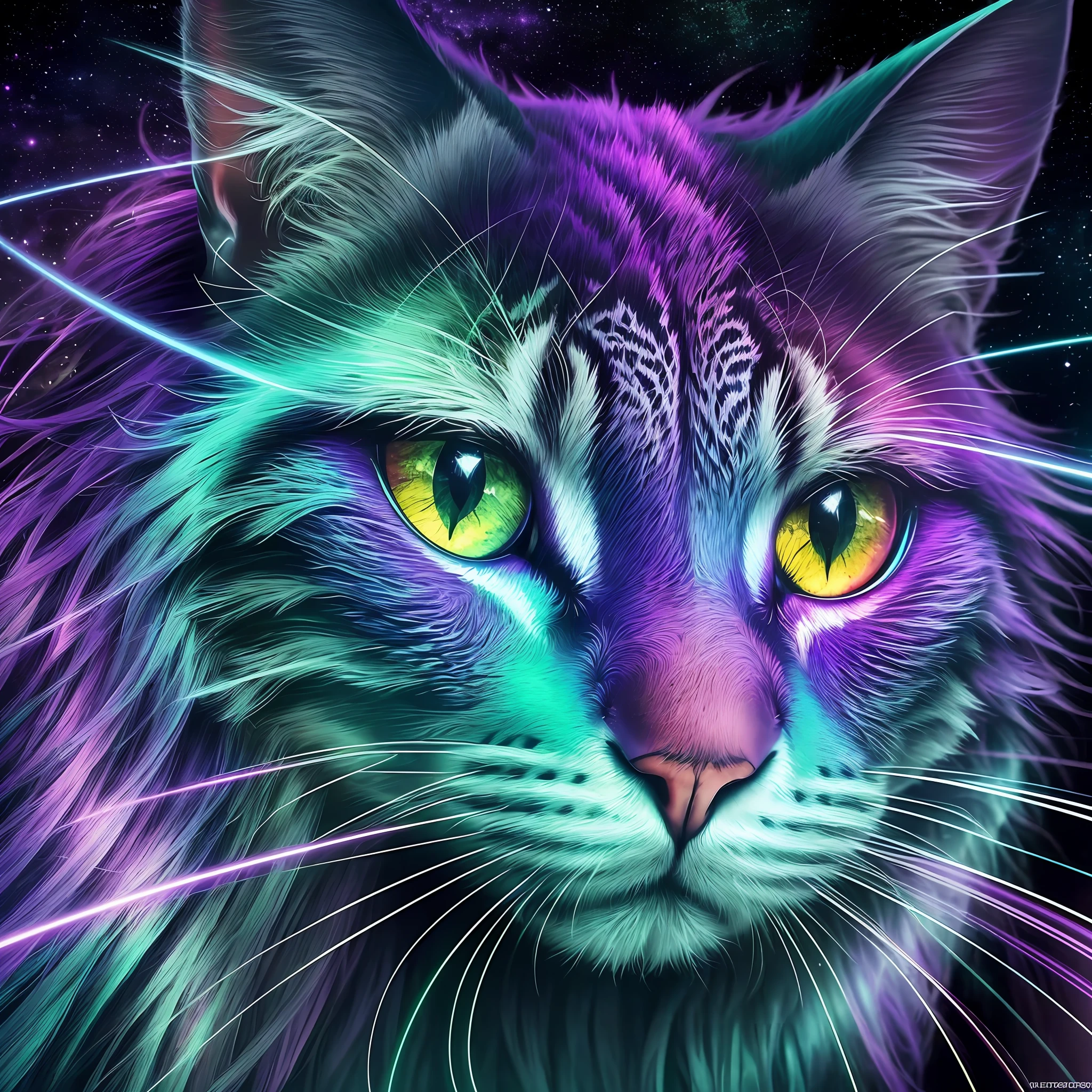 (realistic photography), (masterpiece: 1.5), art station, ultra realistic CG, man, ((green and purple hair in the wind)), space suit, cosmic space background, inside a spaceship, reflective lights, ray tracing, ultra detailed symbols on the walls, stained glass, caravaggio lights, caravaggio shadows, bright and realistic skin, (focus on the eyes), (a walking cat), HDR, 4k cinema, ((detailed hand)) --auto --s2
