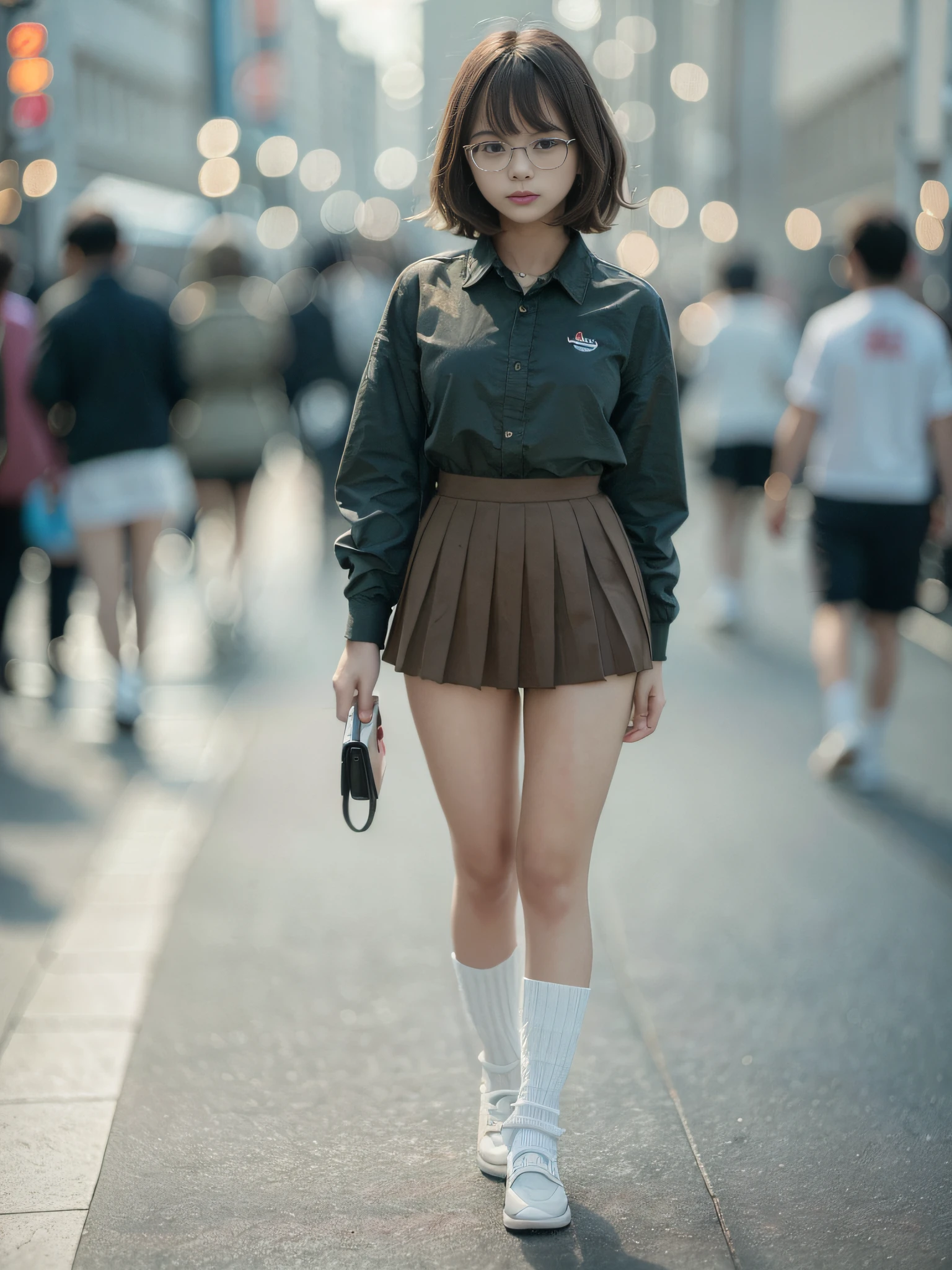 Ultra top quality, masterpiece, ultra high resolution, (photorealism: 1.4), highly detailed CG Unity 8k wallpaper, detailed and complex, incredibly absurd, original, high resolution, raw photo, (perfect figure), finely complex, dslr, soft lighting, high quality, film grain, depth of field, fujifilm xt3, 50mm lens, backlight, HDRHyperrealistic, Color Grade, Dynamic Pose, Portrait, Japan Person, Smile, Lips, Bangs, (Crowded Akihabara: 1.2), Short Hair, Front View Viewer, Natural Light, Girl, 19 Years Old, Full Body, Solo, Student, High School, Uniform, Bobby Socks, Pleated Skirt, Day, On the Street, Deep Shadow, Cute, Beauty, Unobtrusive, Cold Light 12000K\Street, Shop State, Akihabara, Shinjuku, Shibuya, Ikebukuro, detailed realism, skin texture, super detailed, realistic skin texture, (dramatic, award-winning photos, incredible masterpieces: 1.3)
