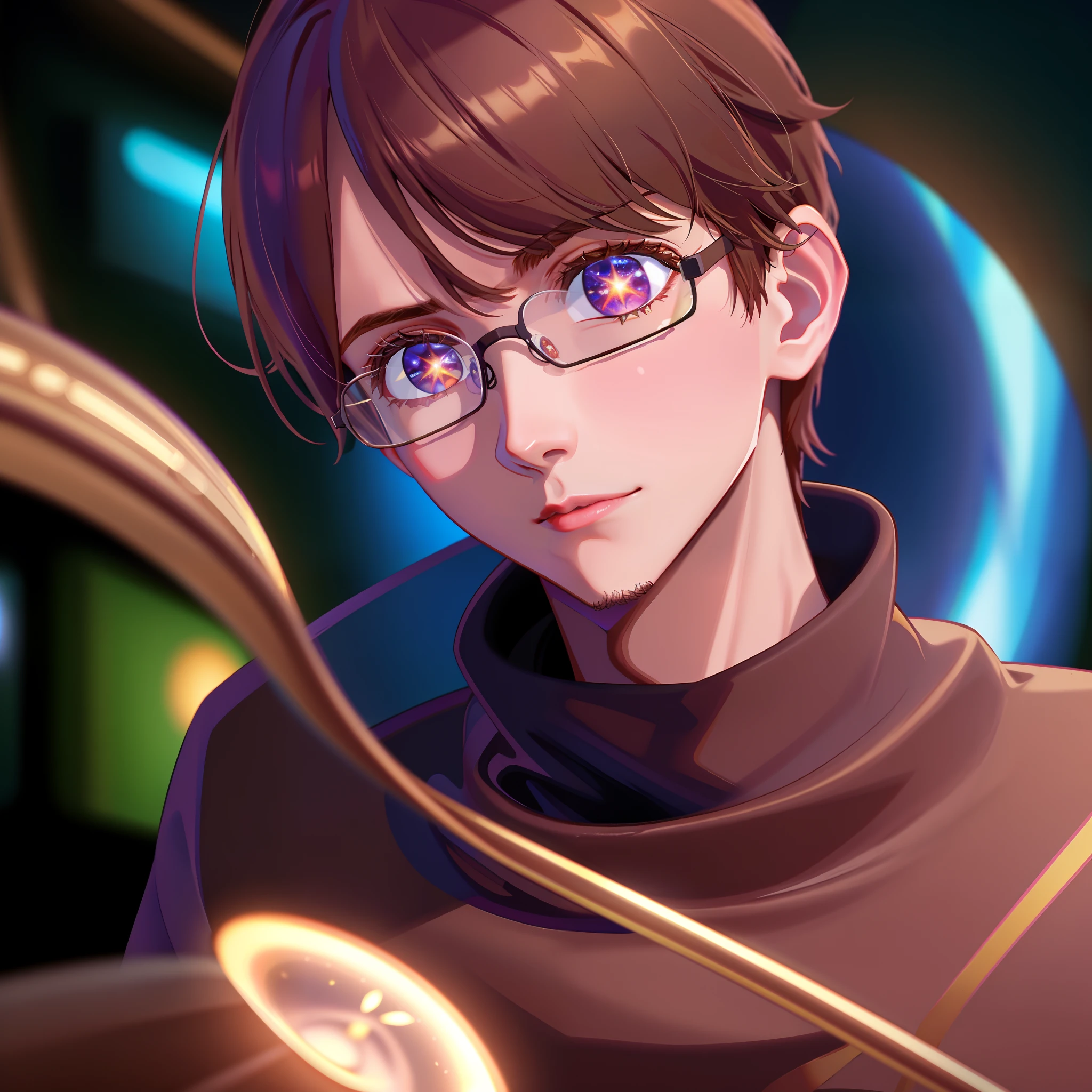 (Ultra-realistic), (extreme quality) (100mil megapixels), (super detailed), (fisheye lens), blurred background futuristic city, 1 man, 21 years old, 1.80m, light brown hair, short gradient haircut on the razor, glasses, no beard, thin face, wide neck, black hood with a slight shadow on his face, light brown eyes.