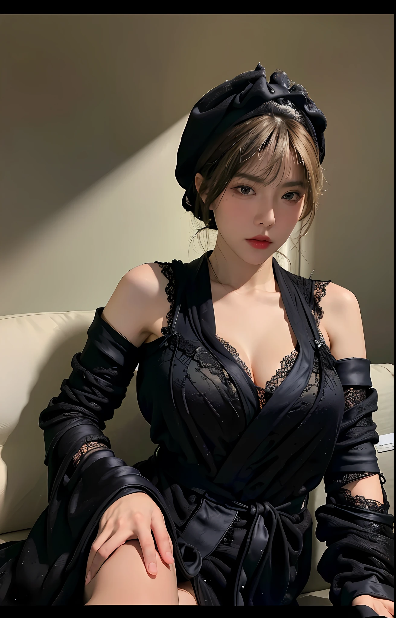 Best Quality, Masterpiece, Ultra High Resolution, (Photorealistic:1.4), Original Photo, 1girl, ((Black Lace Dressing Gown)), ((Big Breasted)), Cool Light