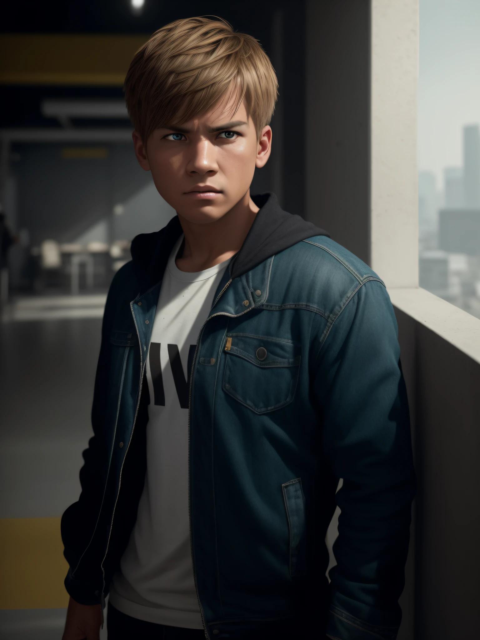 by lee jeffries nikon d850 film stock photography 4 kodak portra 400 camera f1.6 rich lenses colors hyper realistic texture dramatic lighting unrealengine trend in artstation cinestill 800, Extremely detailed face, realistic, best quality, photorealistic, 8k quality, High ress, (1boy, in the house of 19 years, young, adolecent, student, student, standing, looking at the camera, short hair, angry, staring, combat pose, white skin color), first-person view